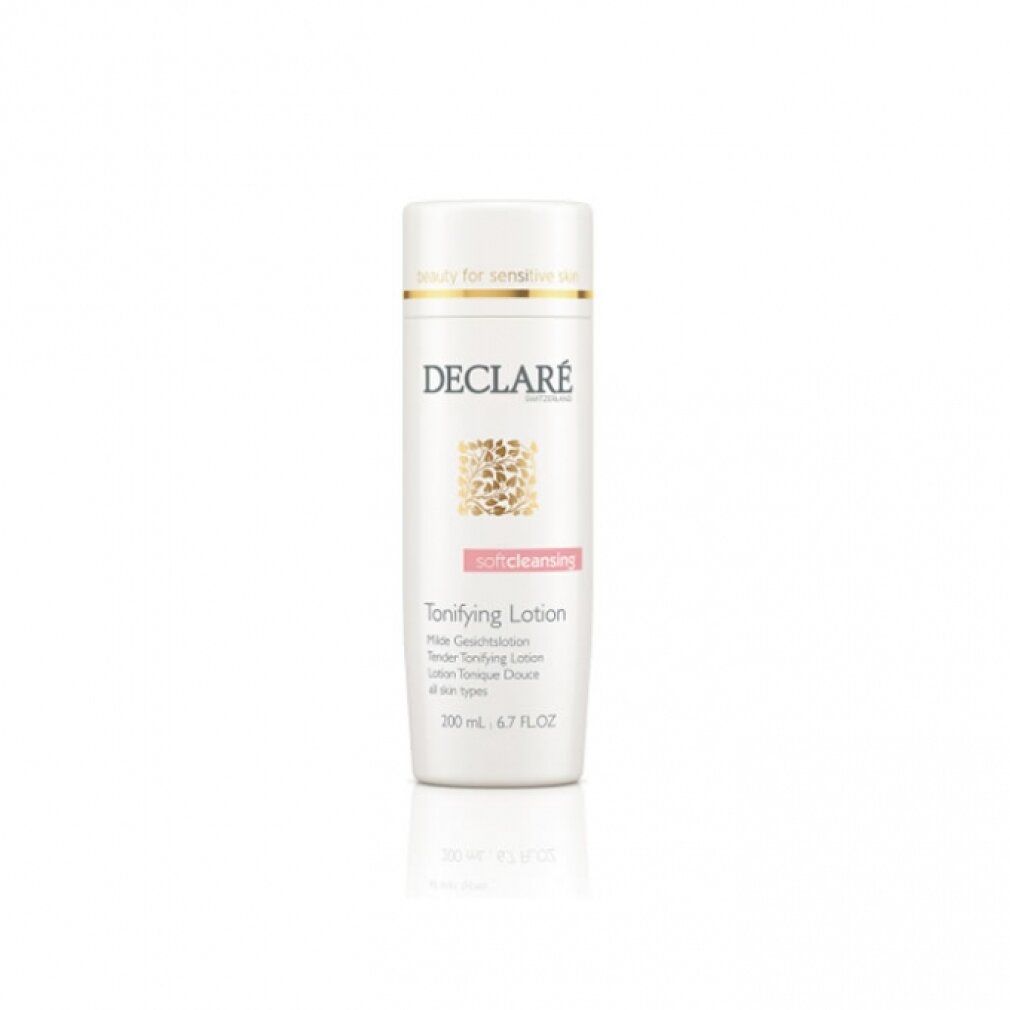 Weiße Flasche DECLARÉ Toning Lotion. Aufschrift: Soft Cleansing, Toning Lotion. 200ml. Für alle Hauttypen.