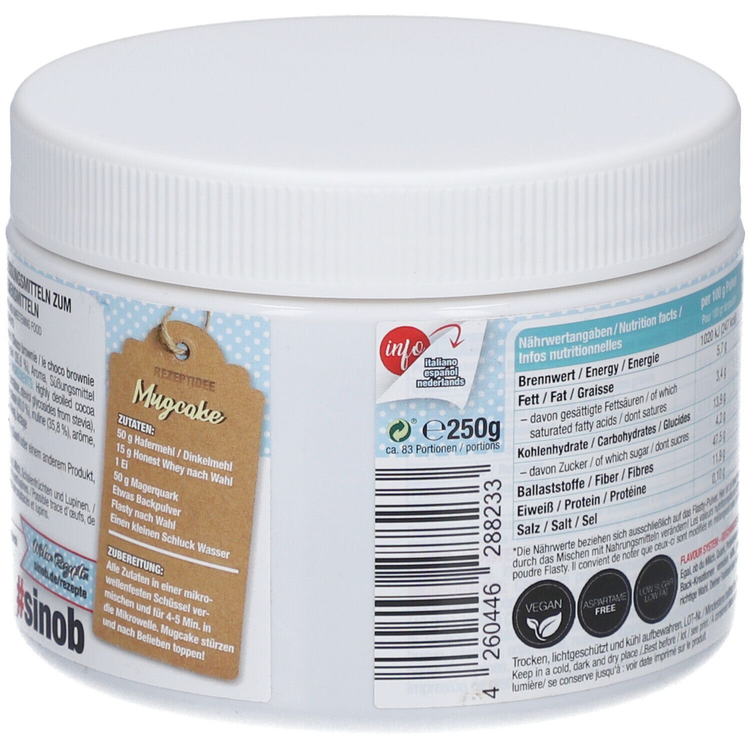 Weißes, rundes Gefäß mit Deckel. Rückseite mit Text und Nährwertangaben. Aufkleber mit Inhaltsangaben. Produktname: Flasty.