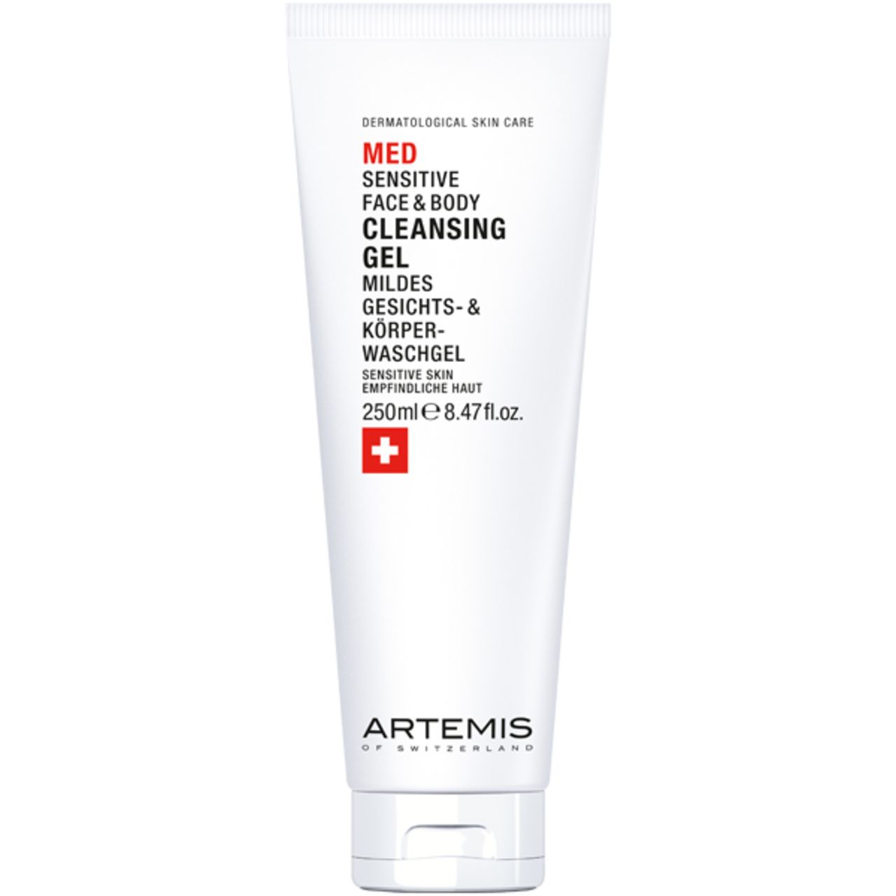 Tube blanc avec texte rouge. MED Sensitive Face & Body Cleansing Gel. Croix suisse.