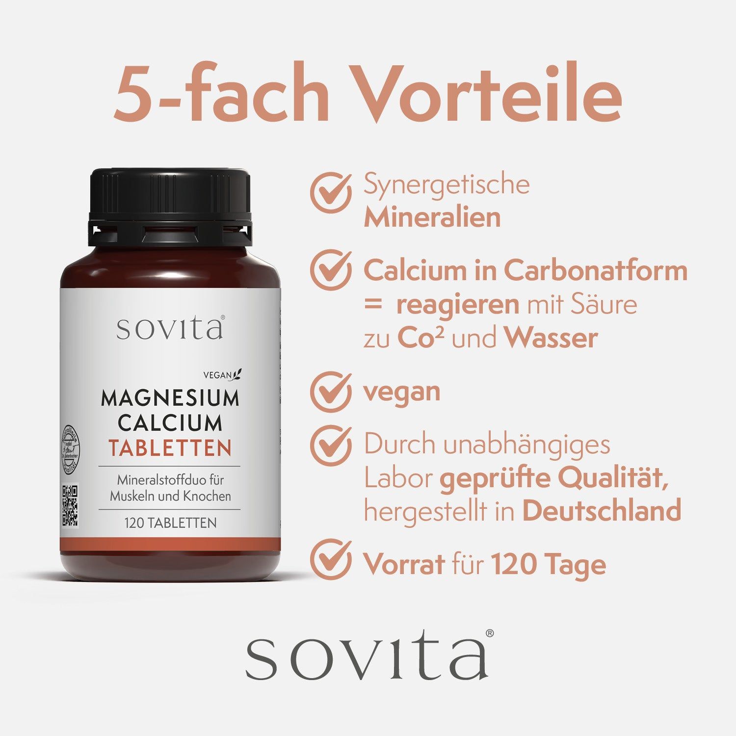 Flacon brun SoVita® Magnesium Calcium Tabletten. Texte: 5-fach Vorteile, vegan, 120 comprimés. Couvercle noir.