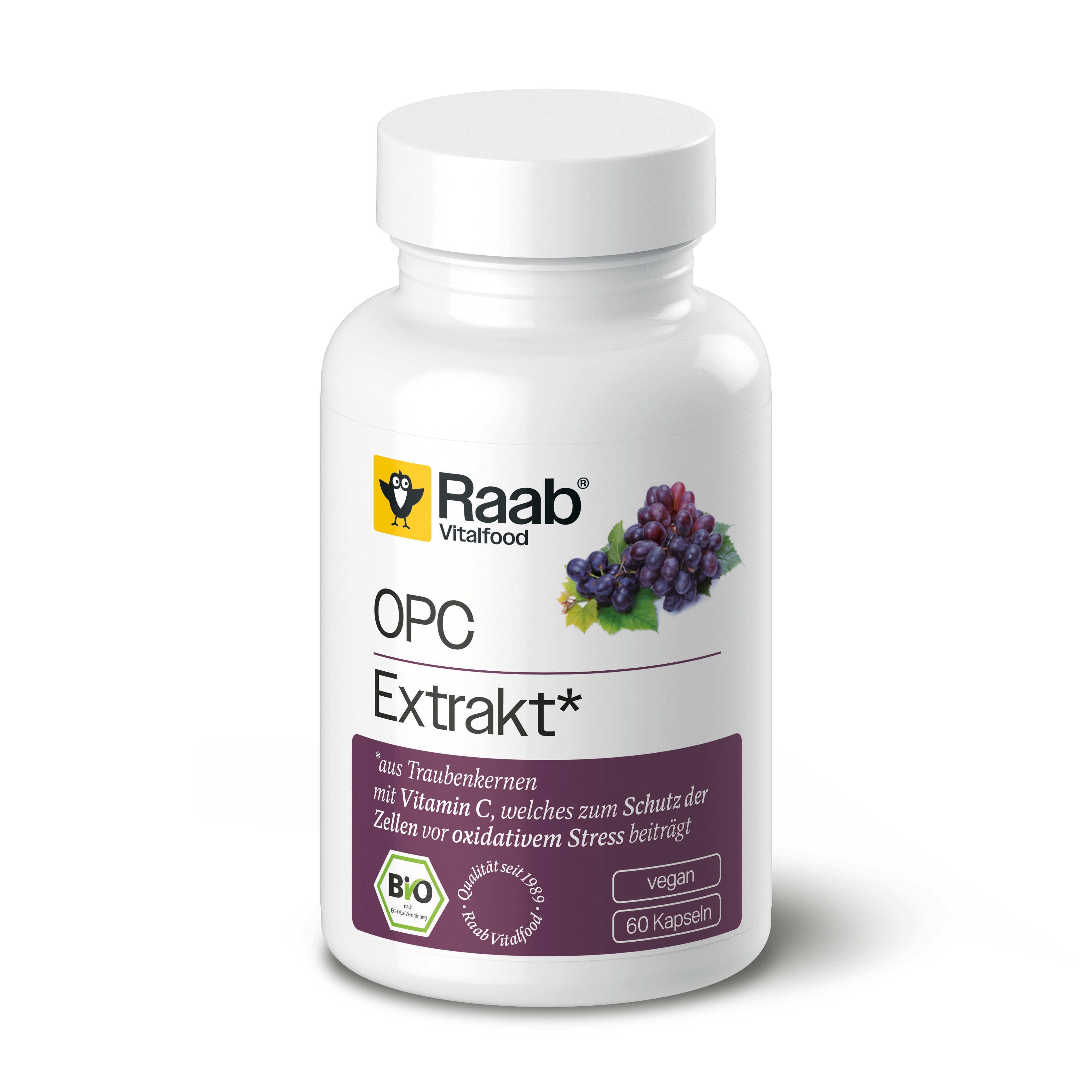 Flacon blanc de gélules. Inscription: Raab Vitalfood OPC Extrakt. Avec pépins de raisin, vitamine C. Label BIO et vegan.