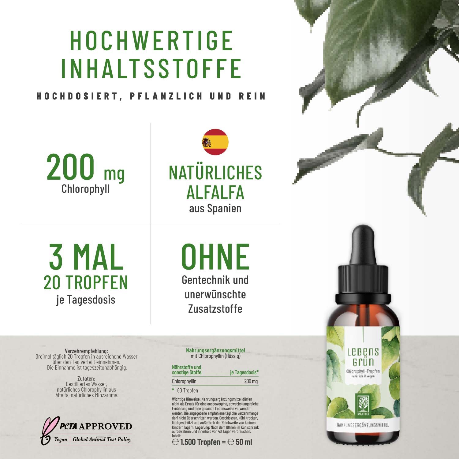 Chlorophyll Tropfen hochdosiert - Lebensgrün - NATURTREU®