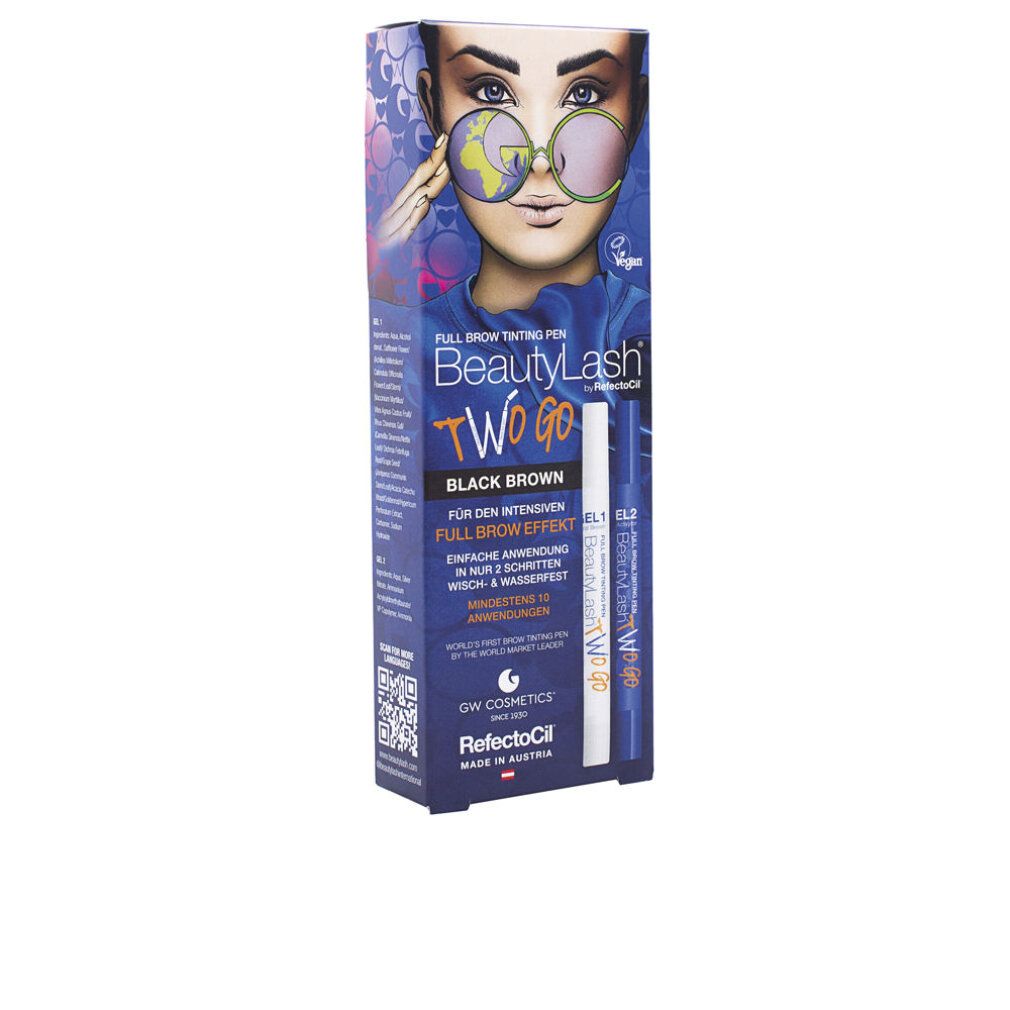 RefectoCil BeautyLash TWO GO Black Brown. Verpackung mit Stiften und Abbildung eines Gesichts.