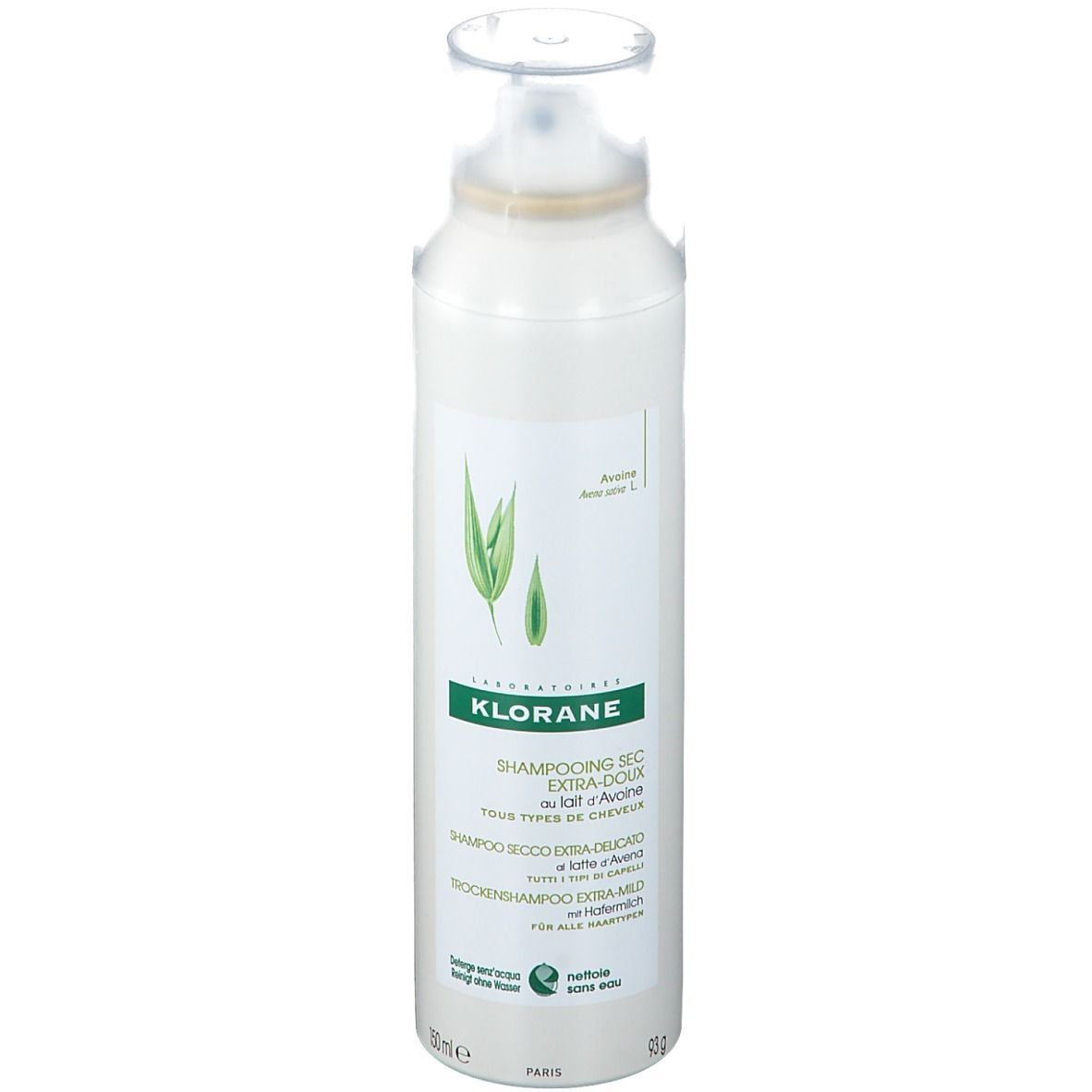 Spray blanc avec tête de pulvérisation. Étiquette avec logo et texte : KLORANE, Shampooing sec, lait d'avoine. 150ml.