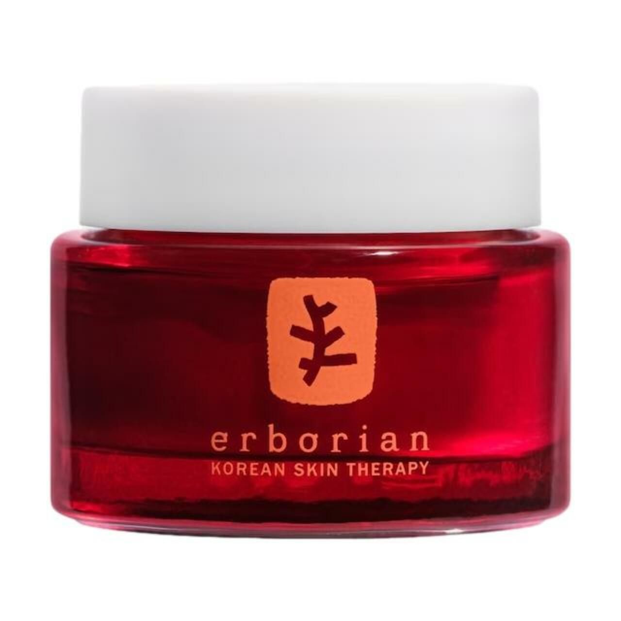 Rotes Glas mit weißem Deckel. Auf dem Deckel steht "SKIN THERAPY EYE". Auf dem Glas steht "erborian" und ein Logo.