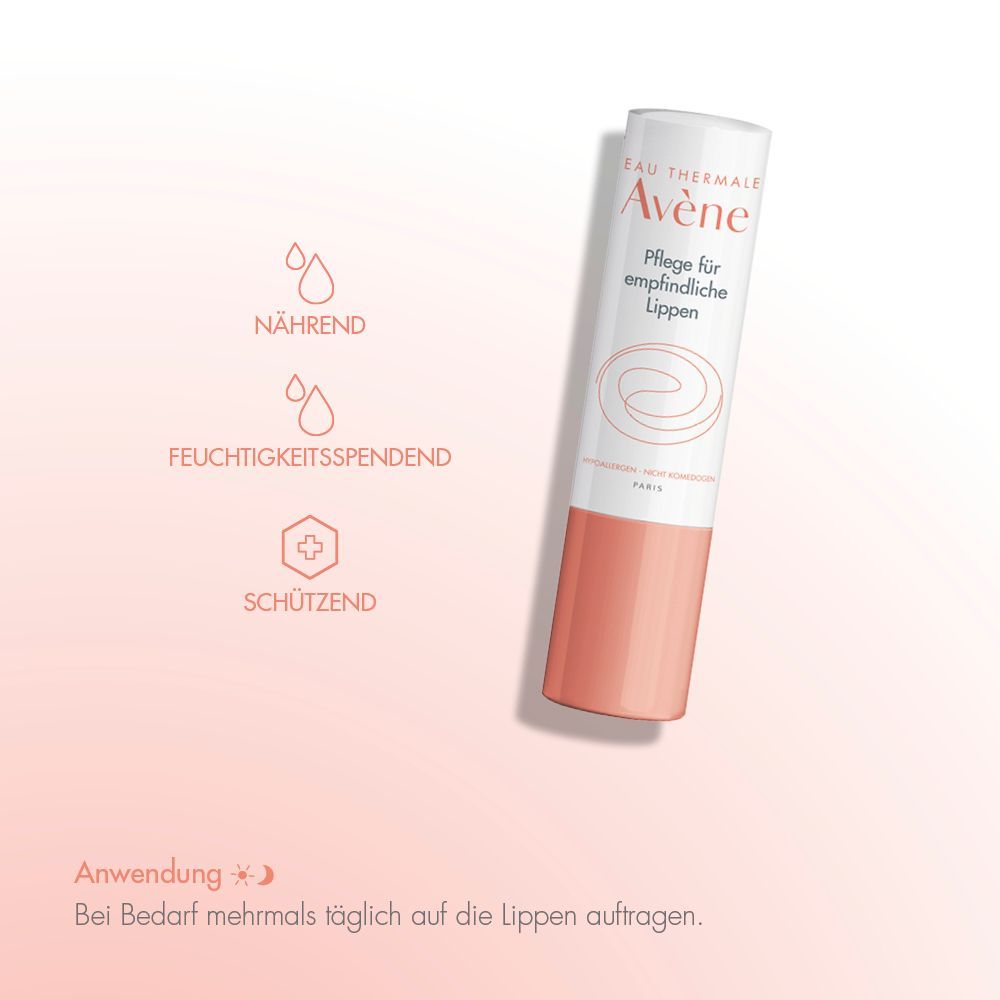 Avène Lippenpflegestift. Weiß-rosa Hülle, Text mit Produktinformationen. Aufschrift: Pflege für empfindliche Lippen.