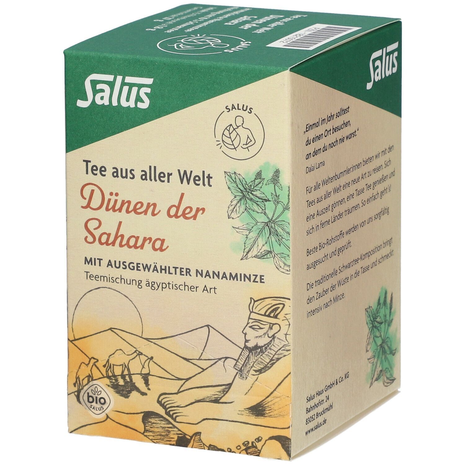 Boîte de thé Salus Dünen der Sahara. Vue : logo, nom du produit, illustration désert et pharaon, label bio.