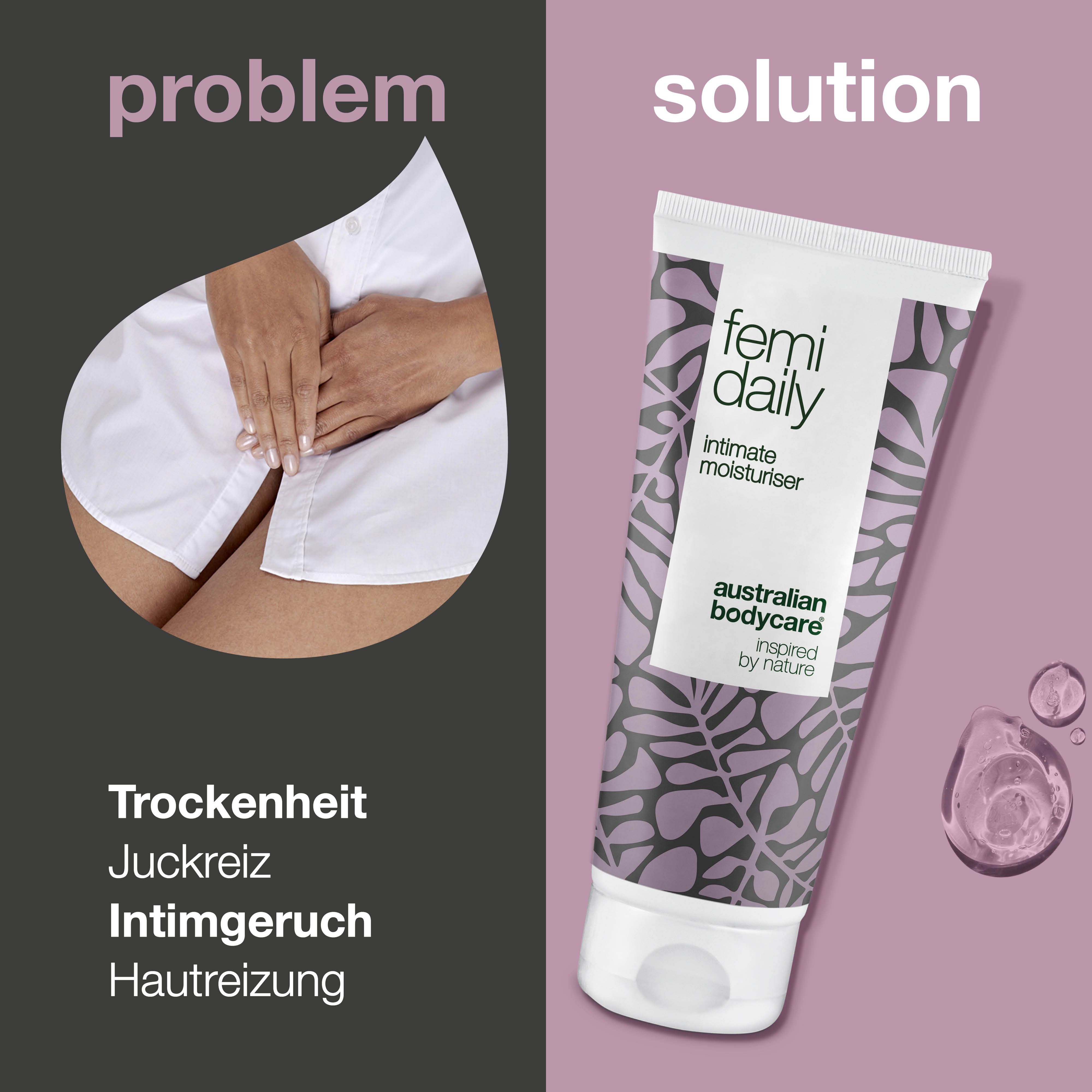 Vergleich: Problem und Lösung. Links: Problem. Rechts: Tube Femi Daily, Intimate Moisturiser, Australian Bodycare.