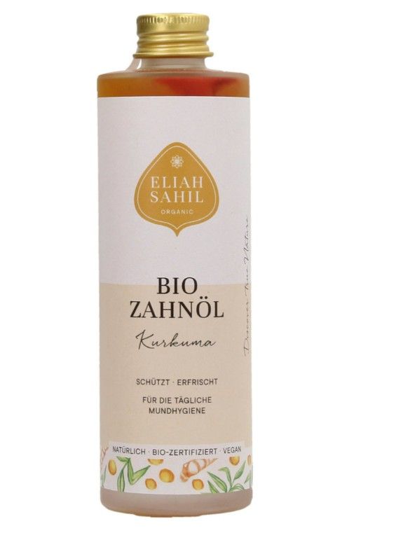 Braune Glasflasche mit goldfarbenem Deckel. Etikett mit Produktname, Marke Eliah Sahil und Zertifizierungen.