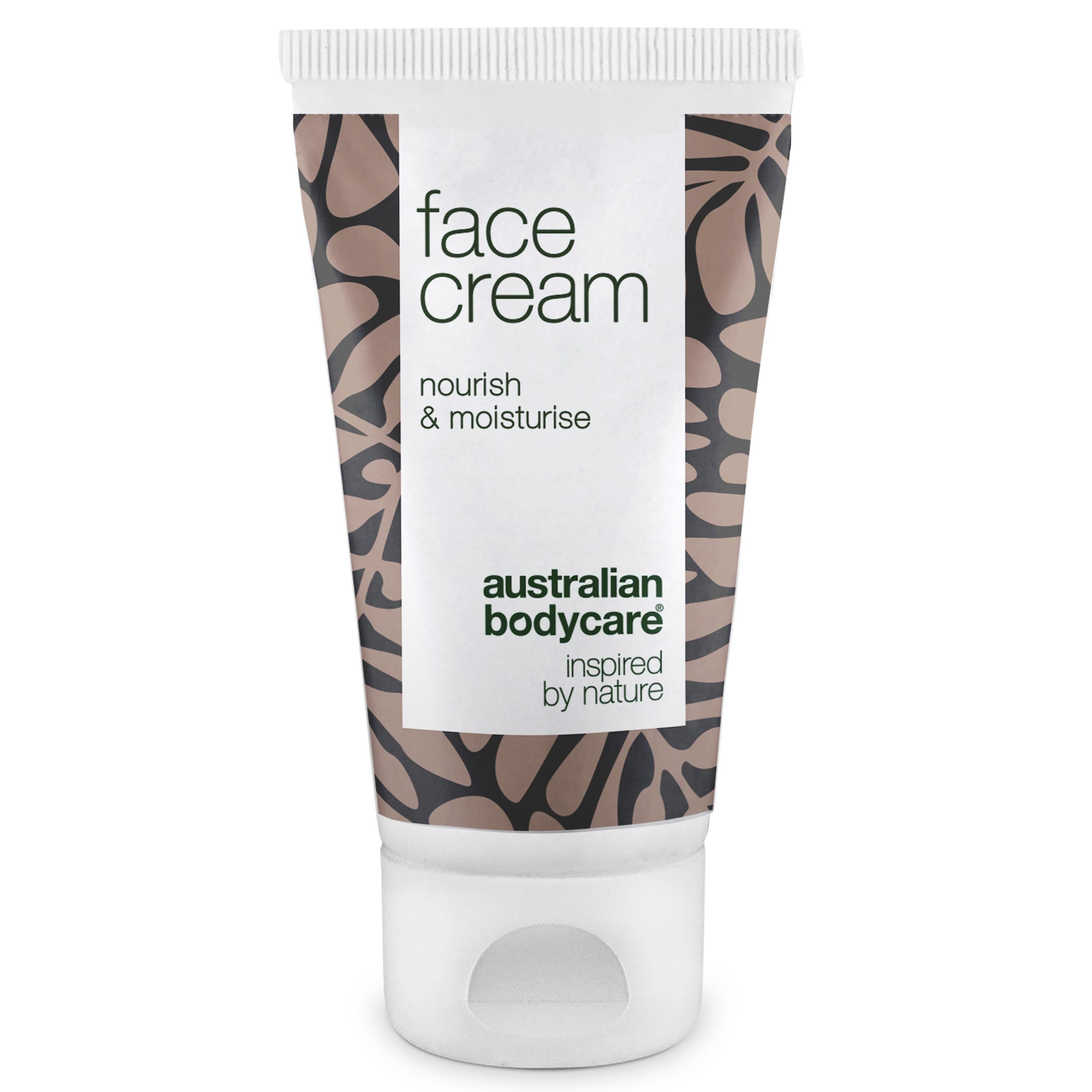 Tube Creme mit weißem Deckel. Aufschrift: Face Cream, Australian Bodycare. Inspiriert von Natur.