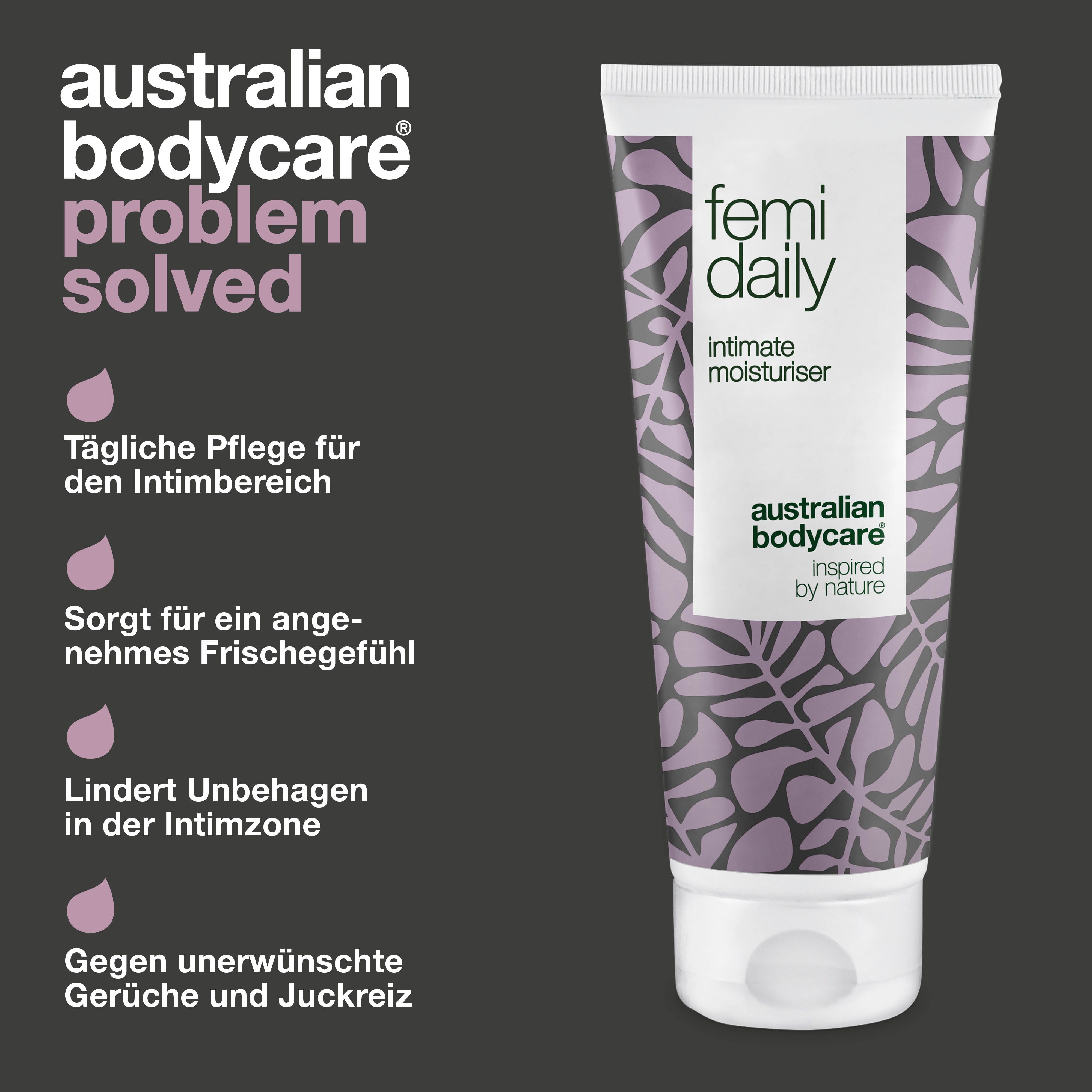Problem gelöst. Tube Femi Daily, Intimate Moisturiser, Australian Bodycare. Text: Intim-Gel, gegen Gerüche, etc.