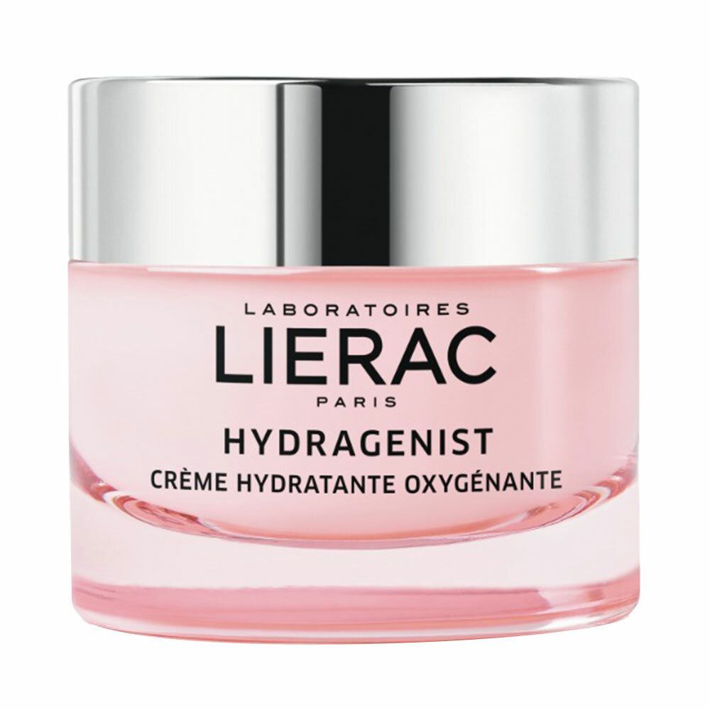 Pot de crème rose avec couvercle argenté. Inscription: LIERAC PARIS, HYDRAGENIST, Crème Hydratante Oxygénante.