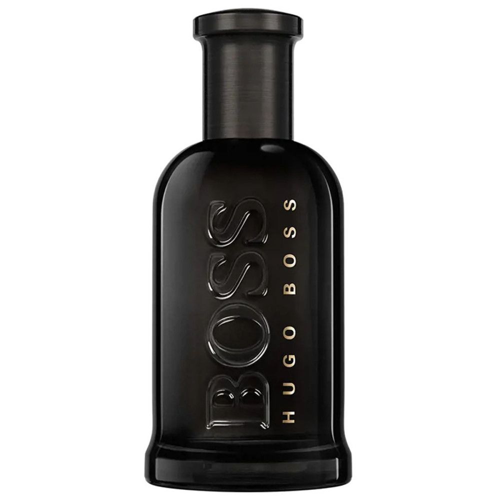 Bouteille en verre noir de parfum Boss Hugo Boss Bottled avec inscription dorée.