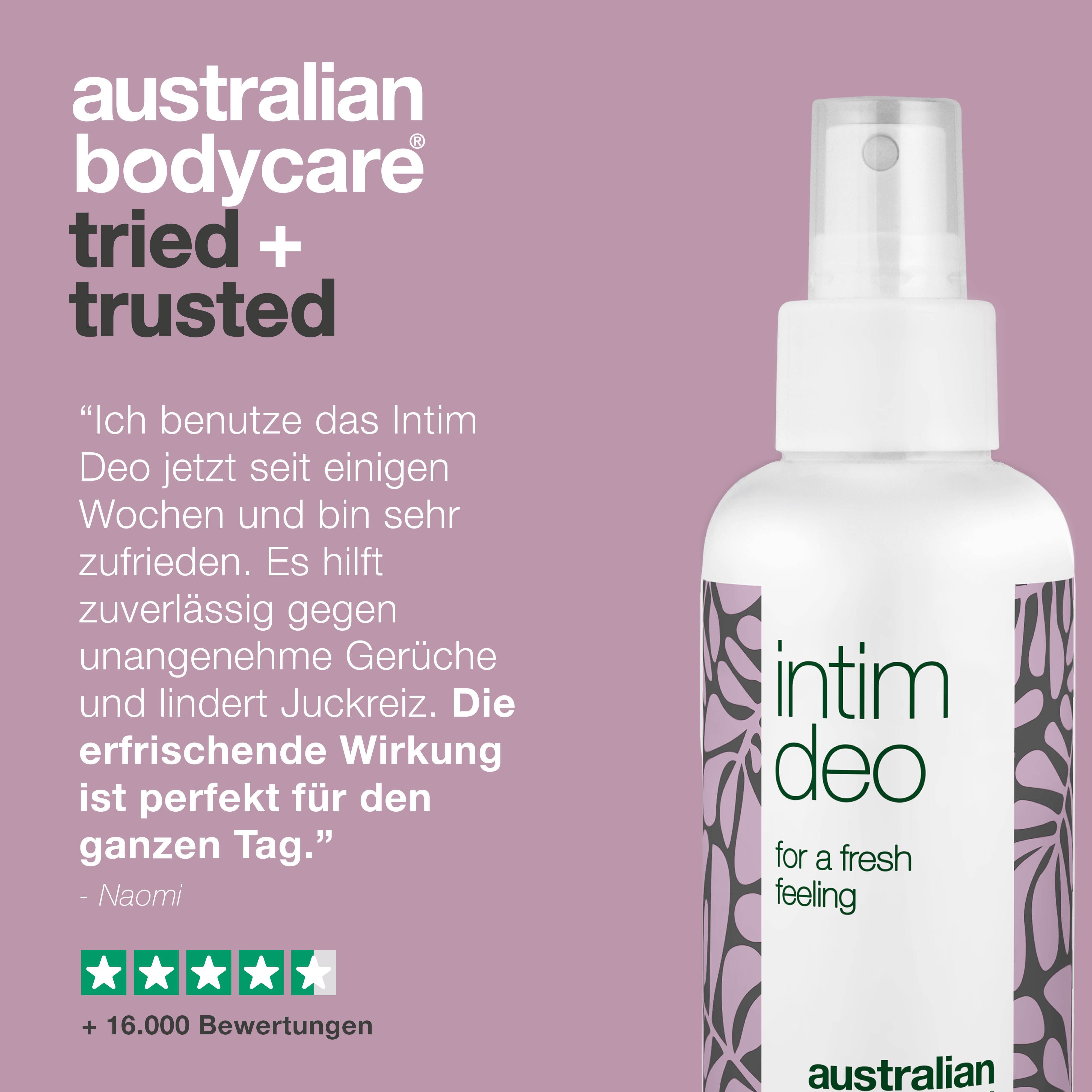 Intimdeo-Spray neben Zitat und Bewertungen. Produkt- und Markenname.