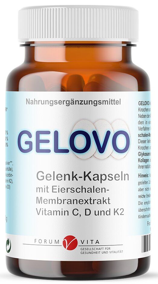 Flacon en verre brun avec capsules blanches. Inscription: GELOVO Gelenk-Kapseln avec extrait de membrane de coquille d'œuf, Vitamine C, D et K2.