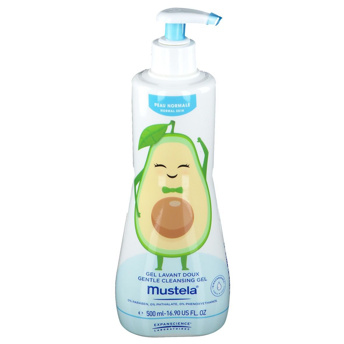 Flacon blanc avec pompe bleue. Illustration d'avocat. Texte: Mustela, Gel lavant doux. Inscription: 500 ml.