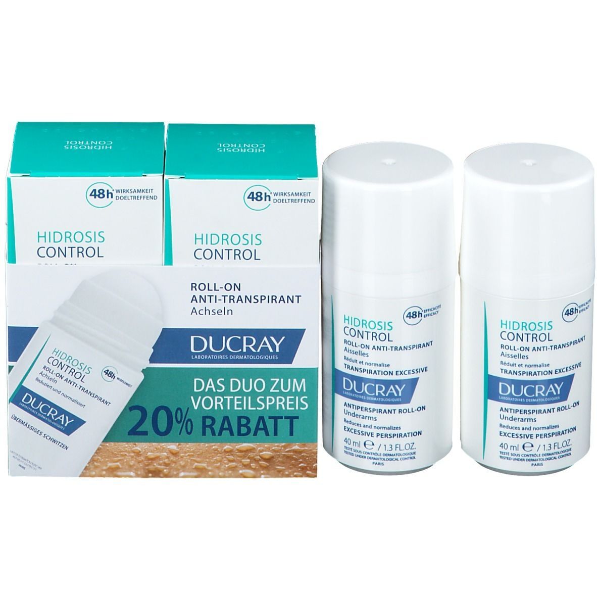 Emballage avec deux flacons roll-on et une boîte. Inscription: DUCRAY, HIDROSIS CONTROL.