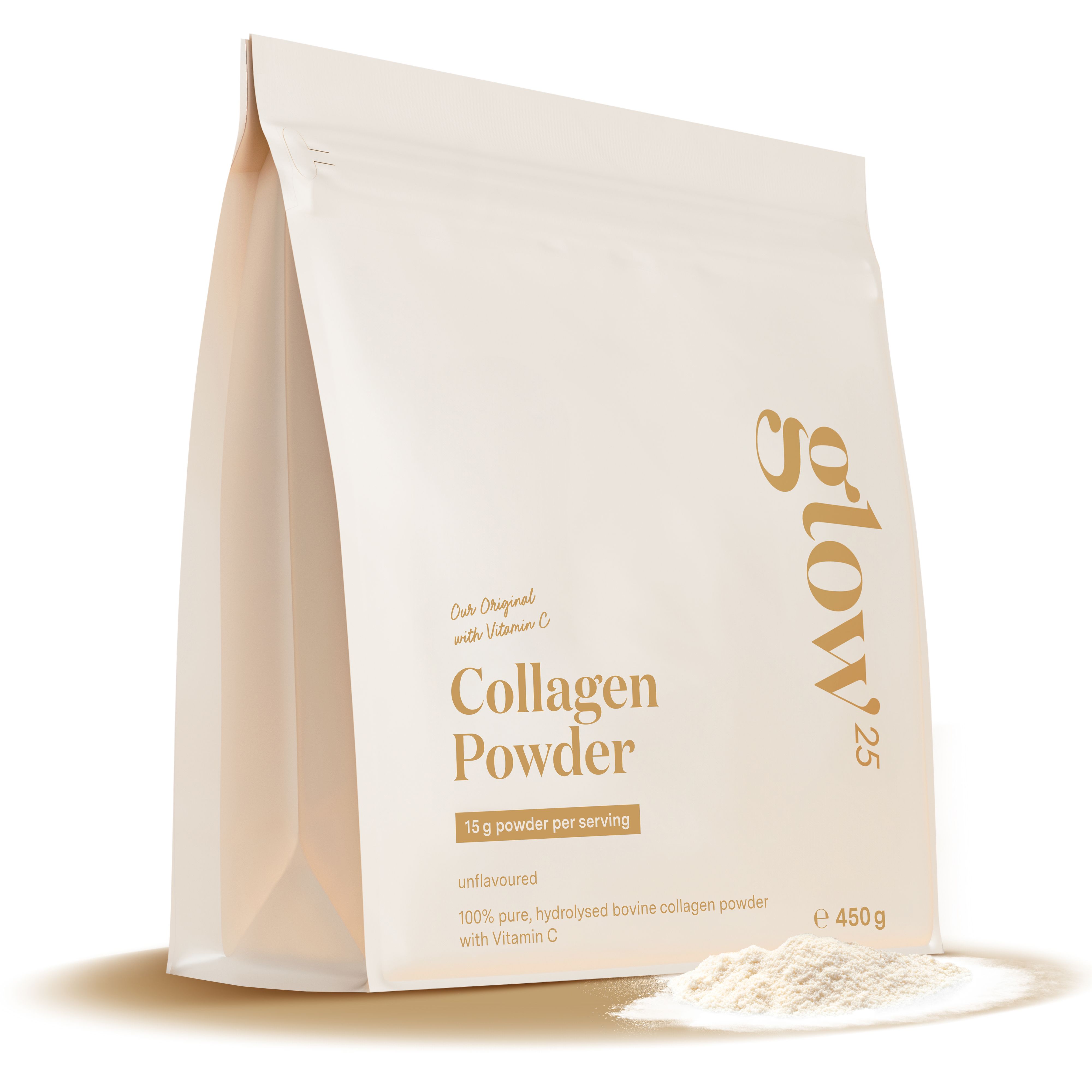 Beutel mit Glow25 Collagen Powder. Weiß, mit goldfarbenem Schriftzug. 450g Packung.