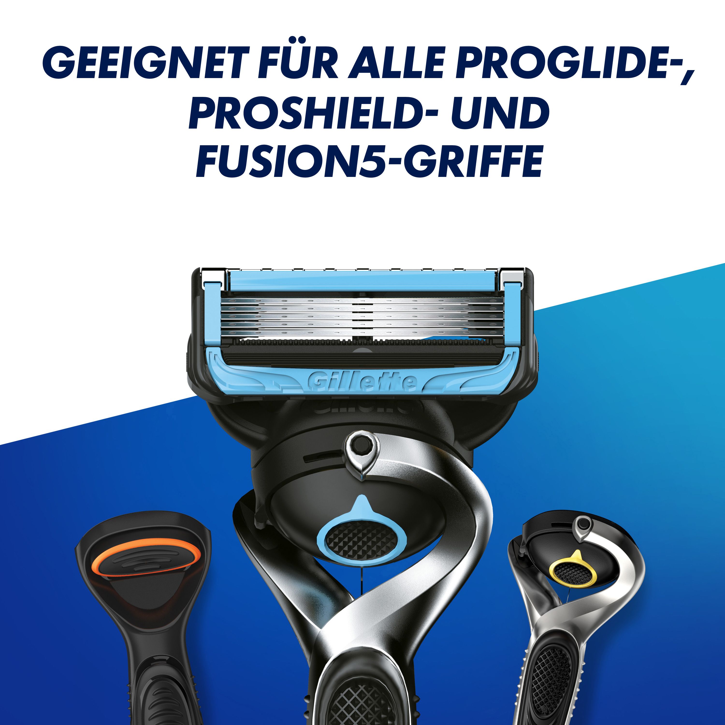 Rasierer mit blauem Element und zwei weiteren Griffen. Geeignet für Proglide, Proshield und Fusion5 Griffe.