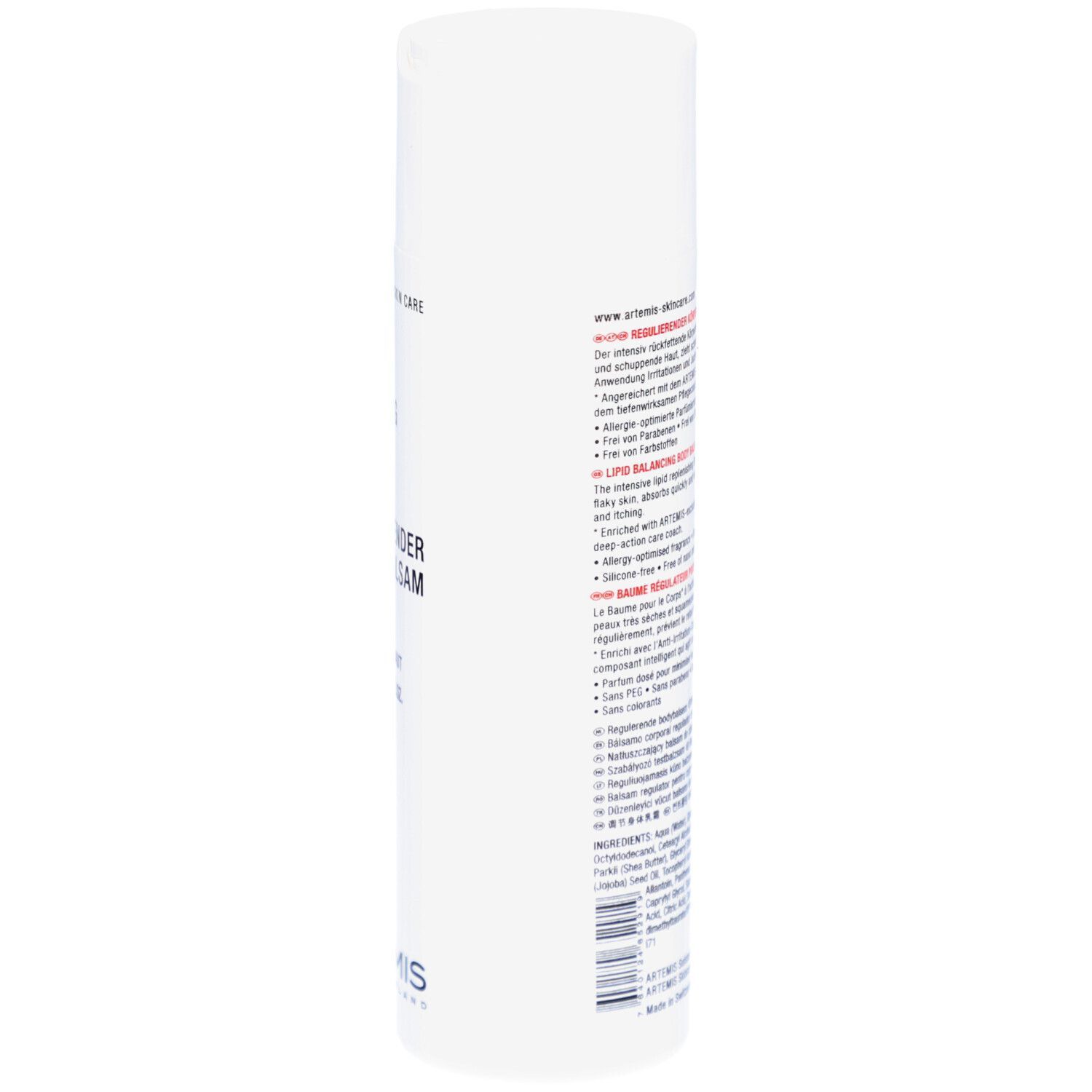 Flacon blanc avec texte rouge et noir. MED Lipid Balancing Body Balm. Croix suisse. 200ml.