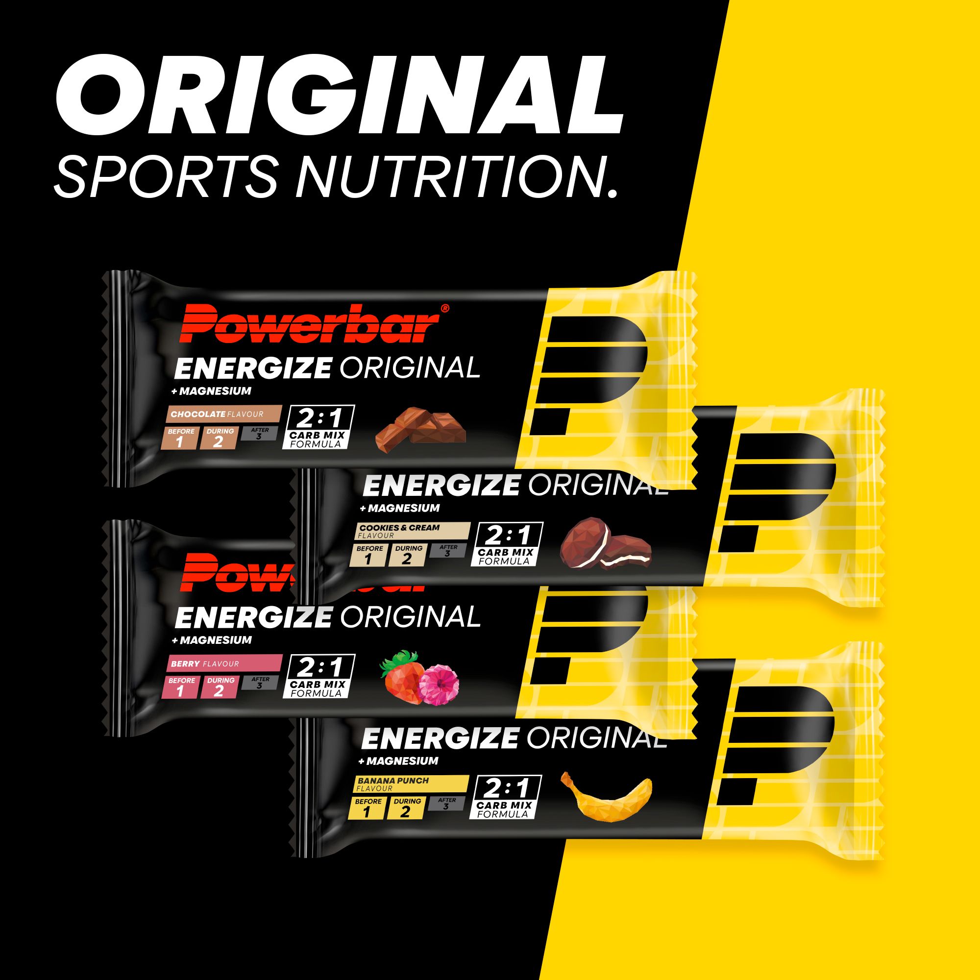 Vier Energieriegel "Powerbar Energize Original" in verschiedenen Geschmacksrichtungen. Schwarze Verpackung mit gelben Akzenten.