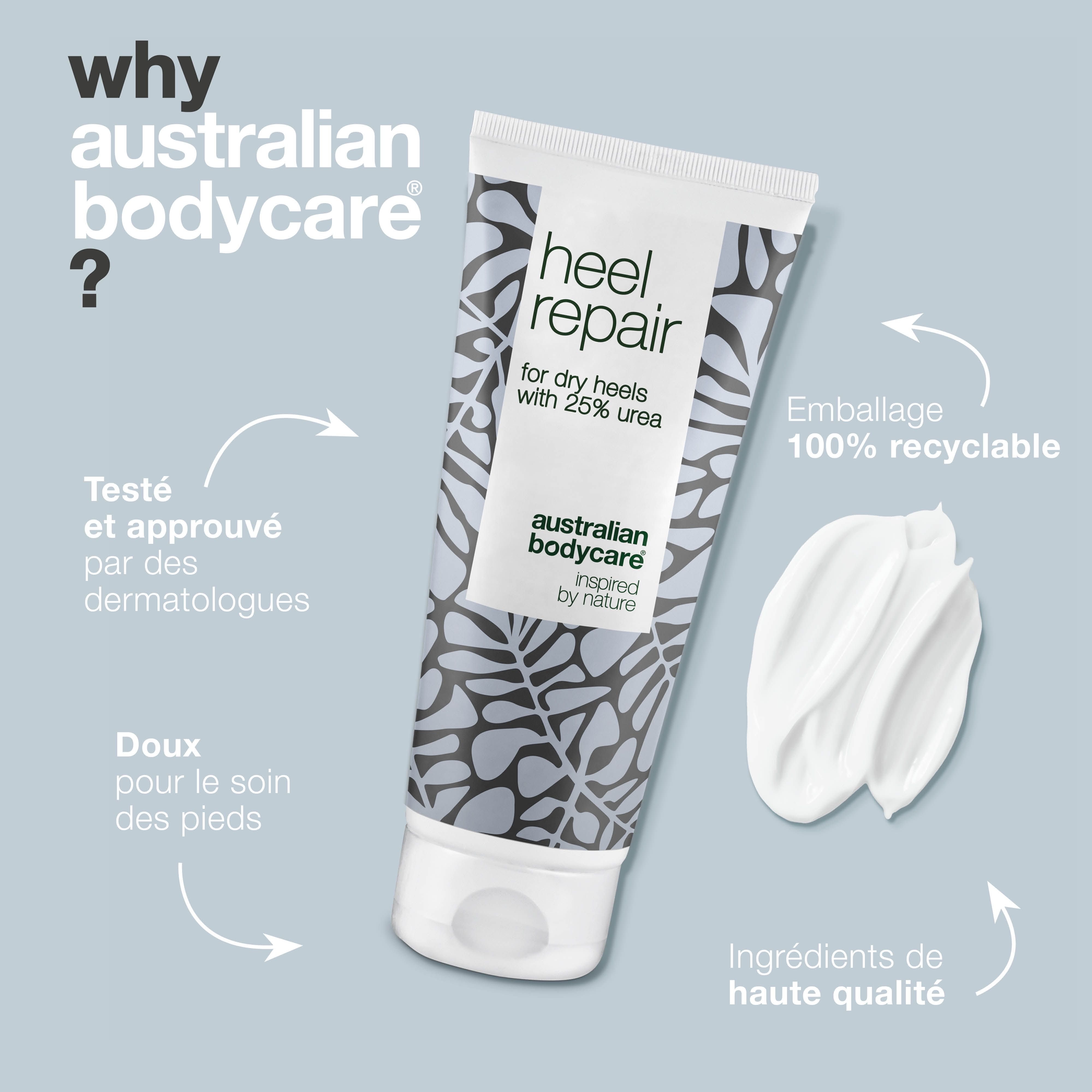 Tube de crème: Heel Repair, pour talons secs, 25% urée. Marque: Australian Bodycare. Texte: Pourquoi Australian Bodycare ? Crème.