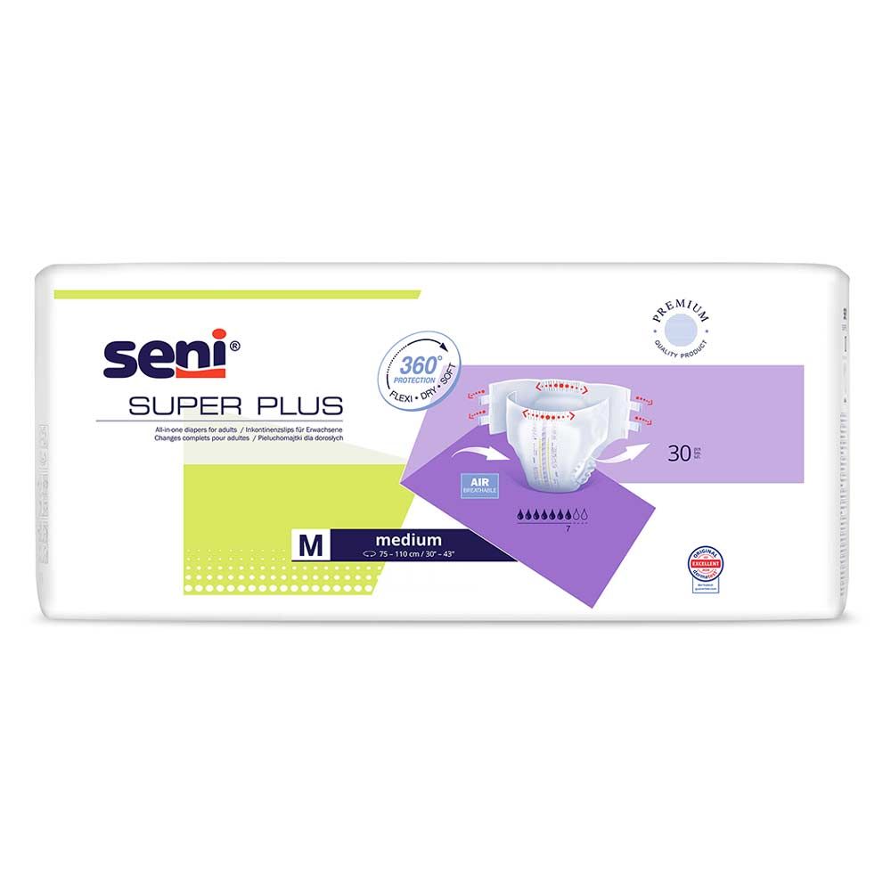 Verpackung SENI Super Plus M. Weiß, mit Produktabbildung und Text. Enthält 30 Stück. Logo und Produktbezeichnung.