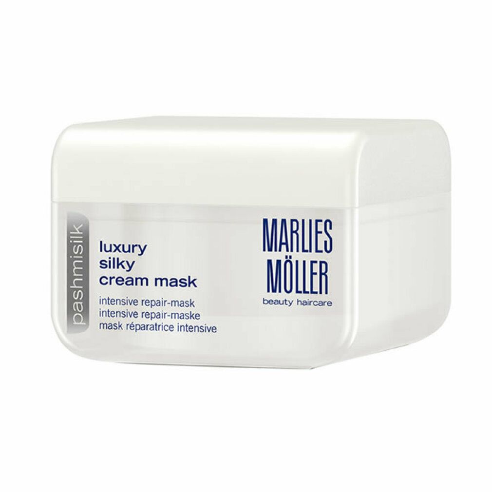 Weißer, rechteckiger Tiegel. Aufschrift: Marlies Möller, Pashmisilk, Luxury Silky Cream Mask. Intensive Repair-Maske.