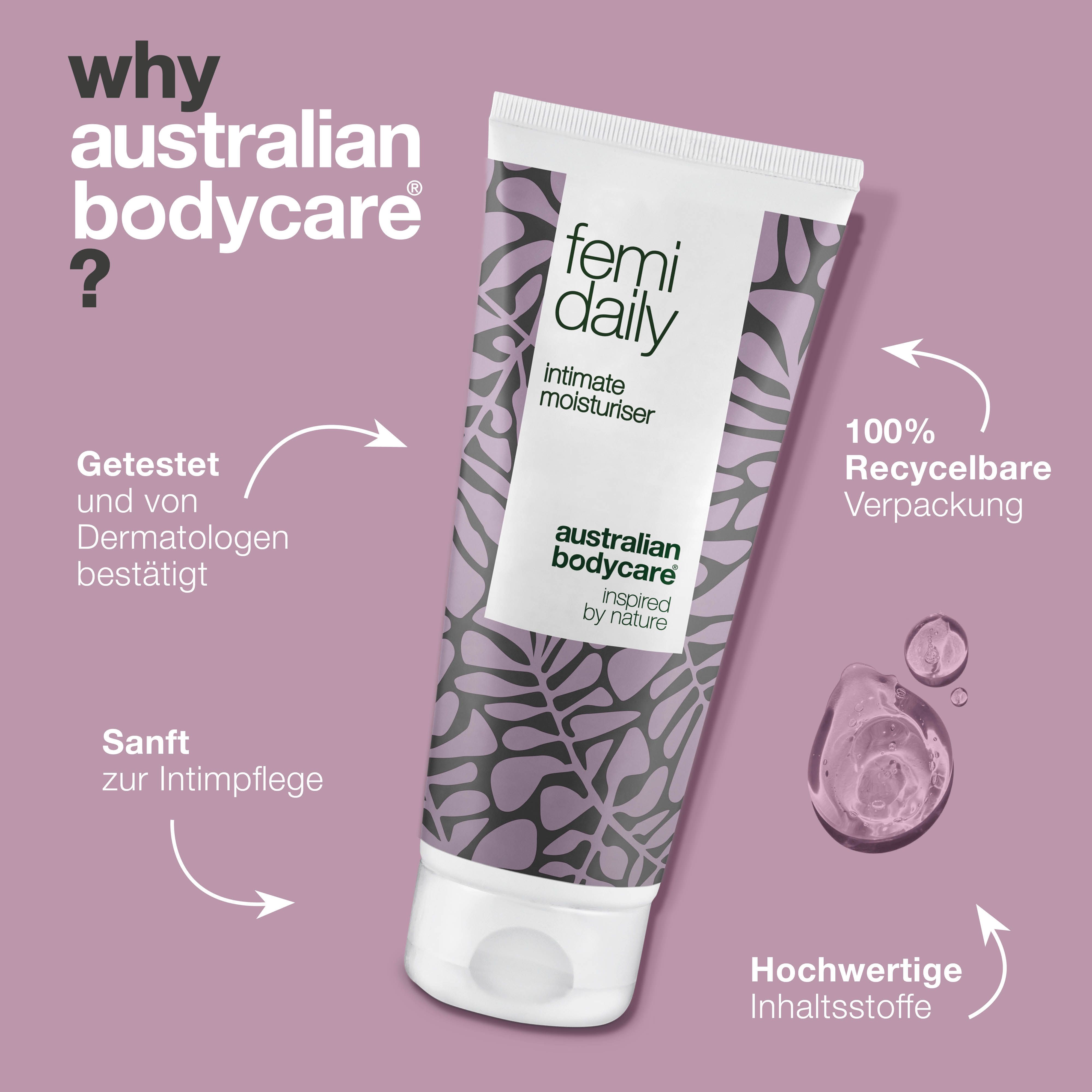 Warum Australian Bodycare? Tube Femi Daily, Intimate Moisturiser. Text: dermatologisch getestet, 100% recycelbar.