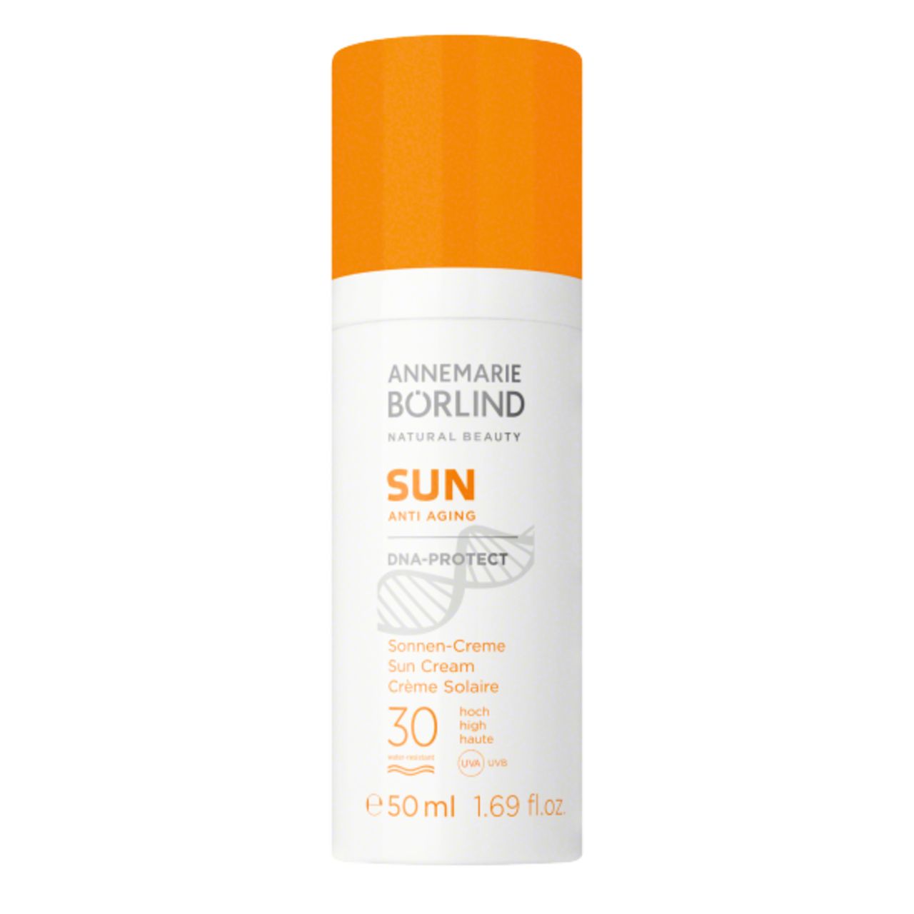 Sonnencreme-Tube mit orangefarbenem Deckel. Text: ANNEMARIE BÖRLIND, SUN, Anti-Aging, DNA-PROTECT, LSF 30.