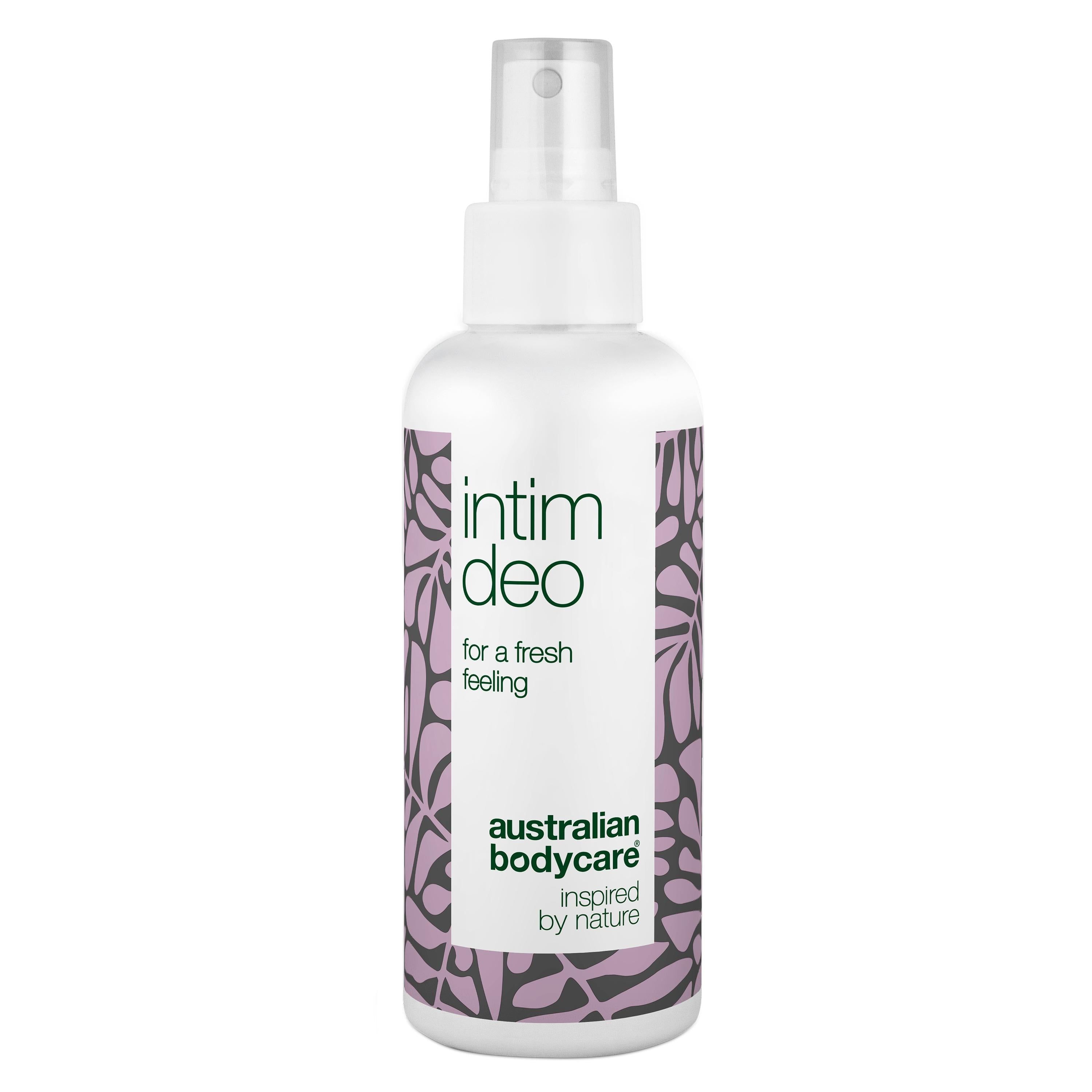 Weißes Intimdeo-Spray mit lila floralem Muster. Text: Intim Deo, for a fresh feeling, Australian Bodycare.