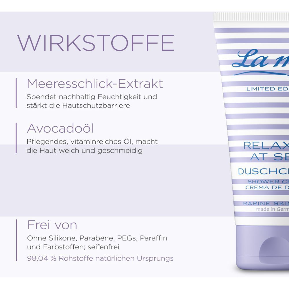 Tube de crème de douche La mer. Texte : Extrait de boue marine, huile d'avocat. Sans silicones, parabènes, PEG, paraffine et colorants.