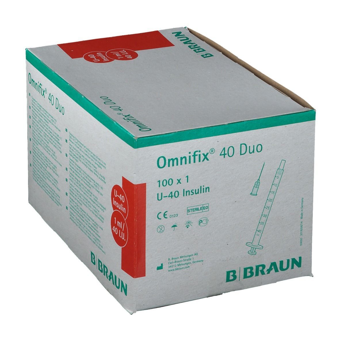 Boîte Omnifix 40 Duo. Carton gris-blanc avec marquage rouge. Texte: U-40 Insuline, 1 ml/40 UI. Logo B. Braun.
