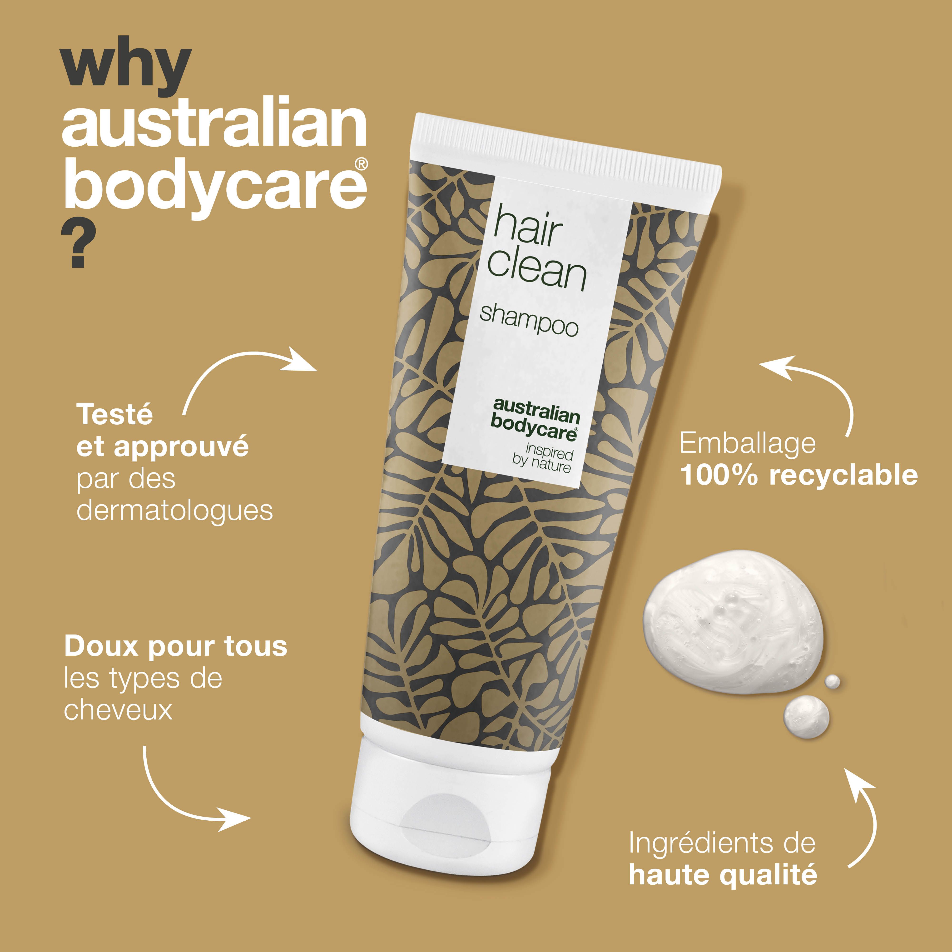 Tube de shampooing avec texte. Inscription : hair clean, australian bodycare. Avantages : testé dermatologiquement, recyclable.