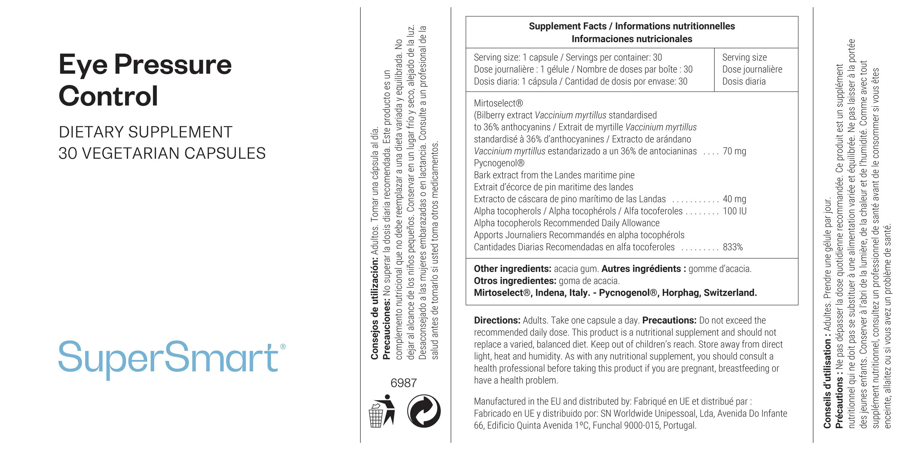 Rückseite der SuperSmart Eye Pressure Control Verpackung. Enthält Informationen zu Inhaltsstoffen und Dosierung. Text in mehreren Sprachen.