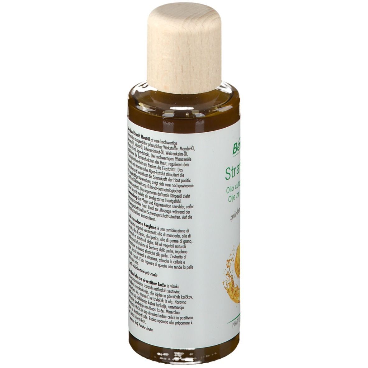 Flacon en verre brun avec bouchon en bois. Étiquette avec informations produit. Vue arrière.