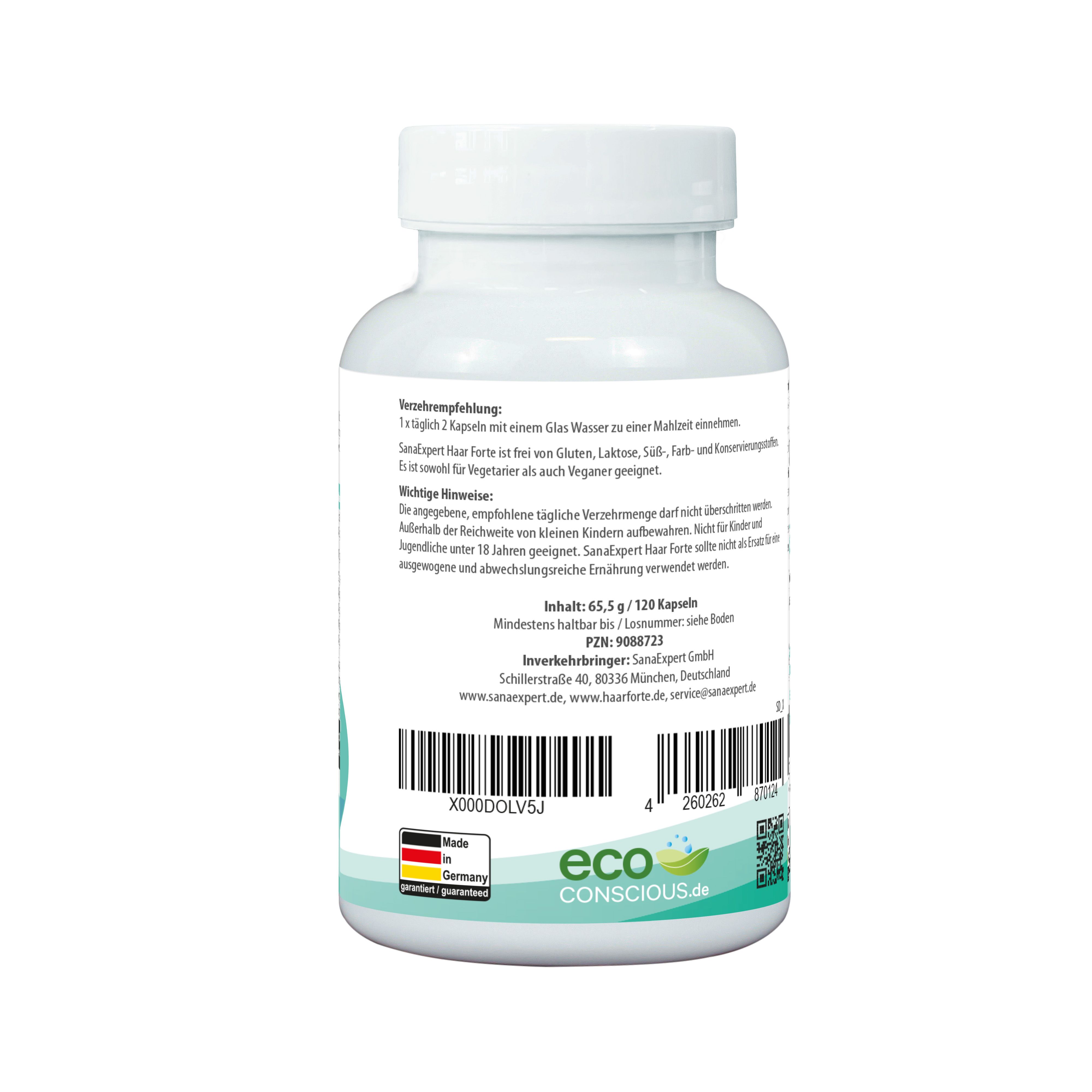 Flacon blanc SanaExpert Haar Forte. Informations, ingrédients et label Eco Conscious au dos.