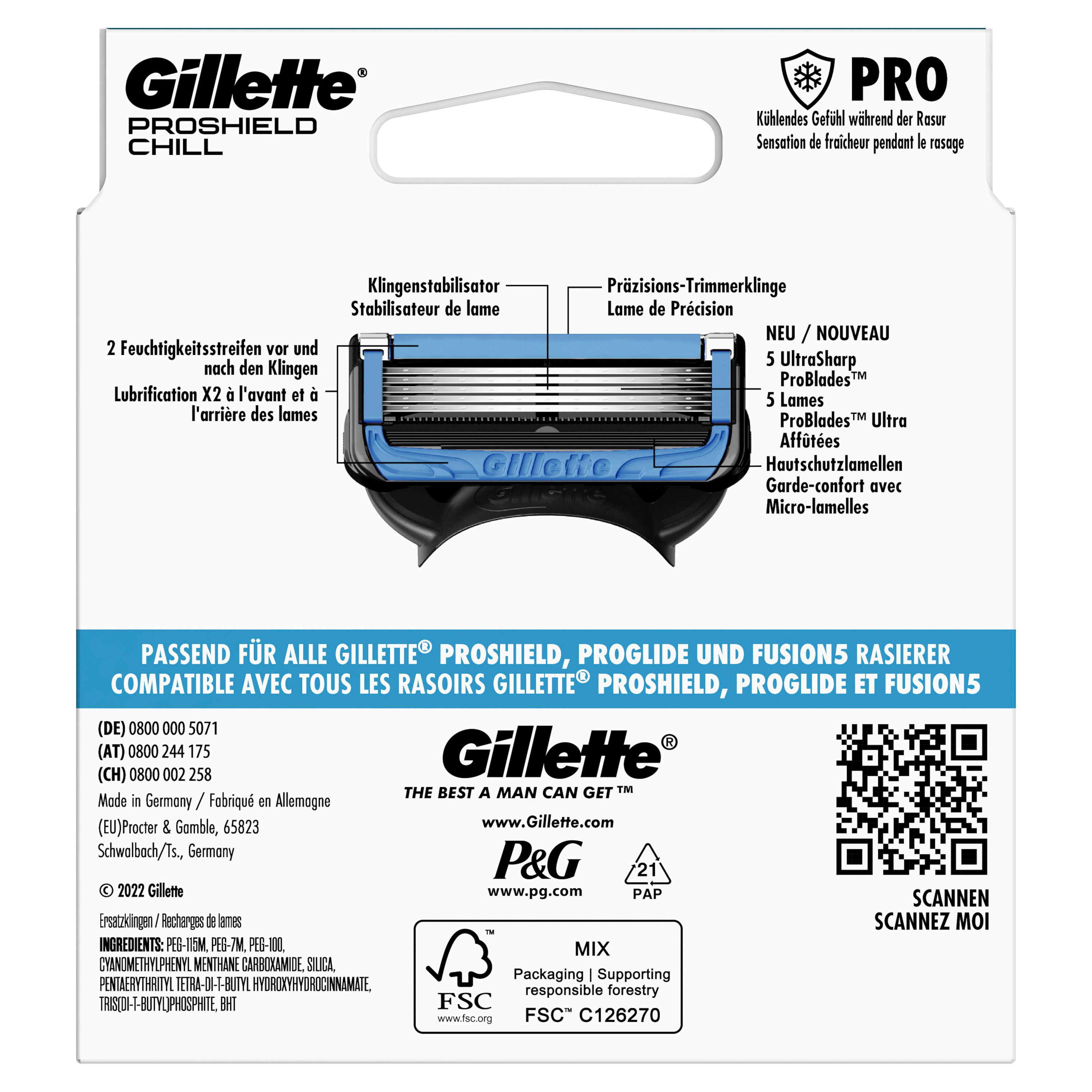 Rückseite der Gillette ProShield Chill Packung. Produktmerkmale, Kompatibilitätshinweis, QR-Code.