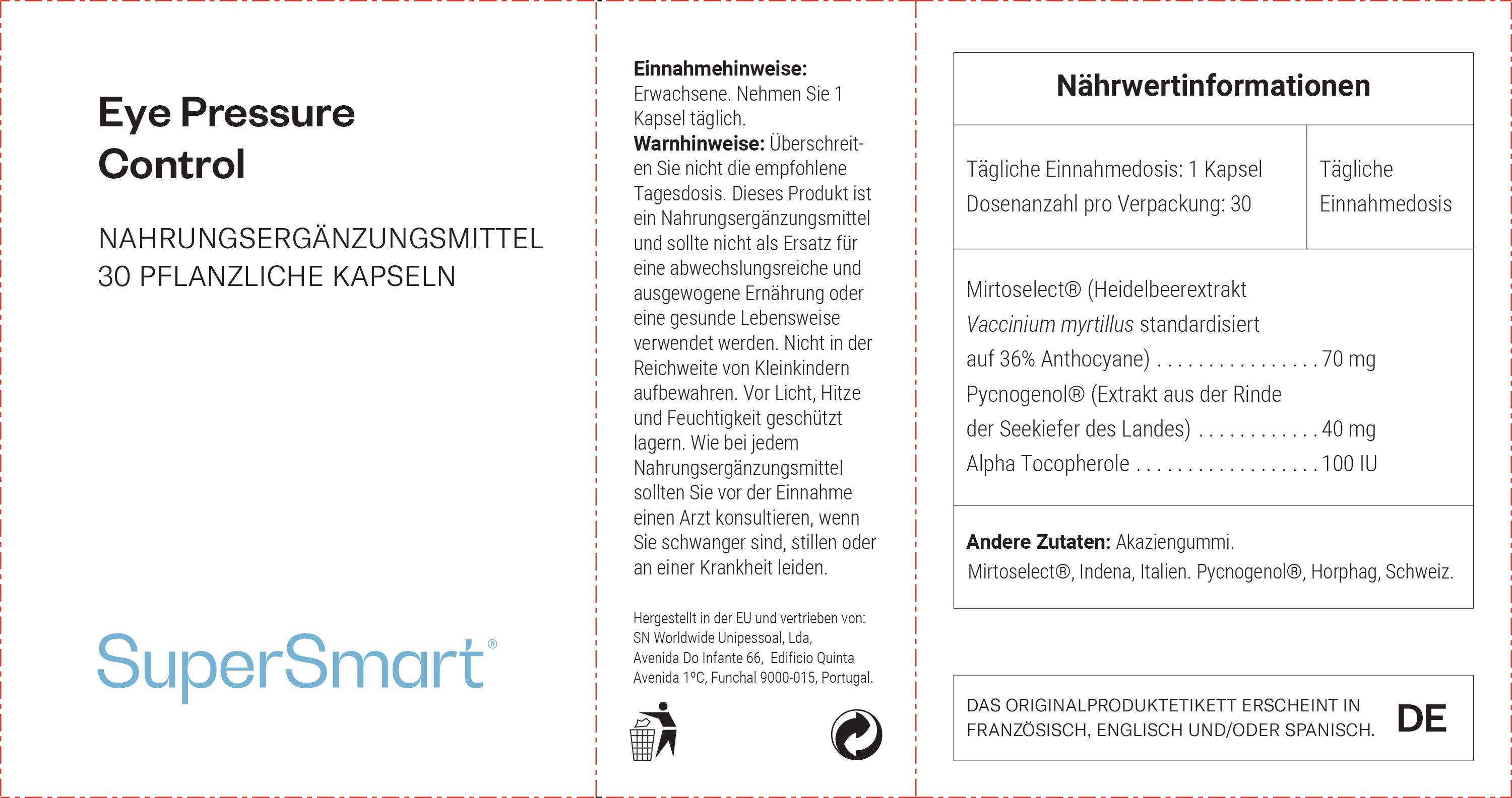 SuperSmart Eye Pressure Control Verpackung. Enthält Informationen zu Inhaltsstoffen und Dosierung. Text in mehreren Sprachen.