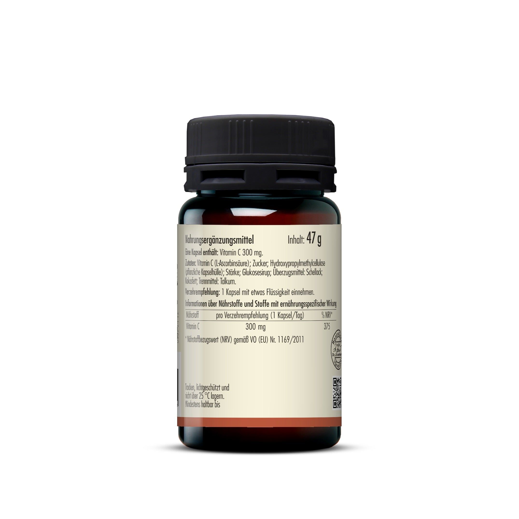 Rückseite der braunen Glasflasche mit schwarzen Deckel. Zutatenliste, Nährwertangaben, Herstellerinformationen. SoVita Vitamin C 300 Kapseln.
