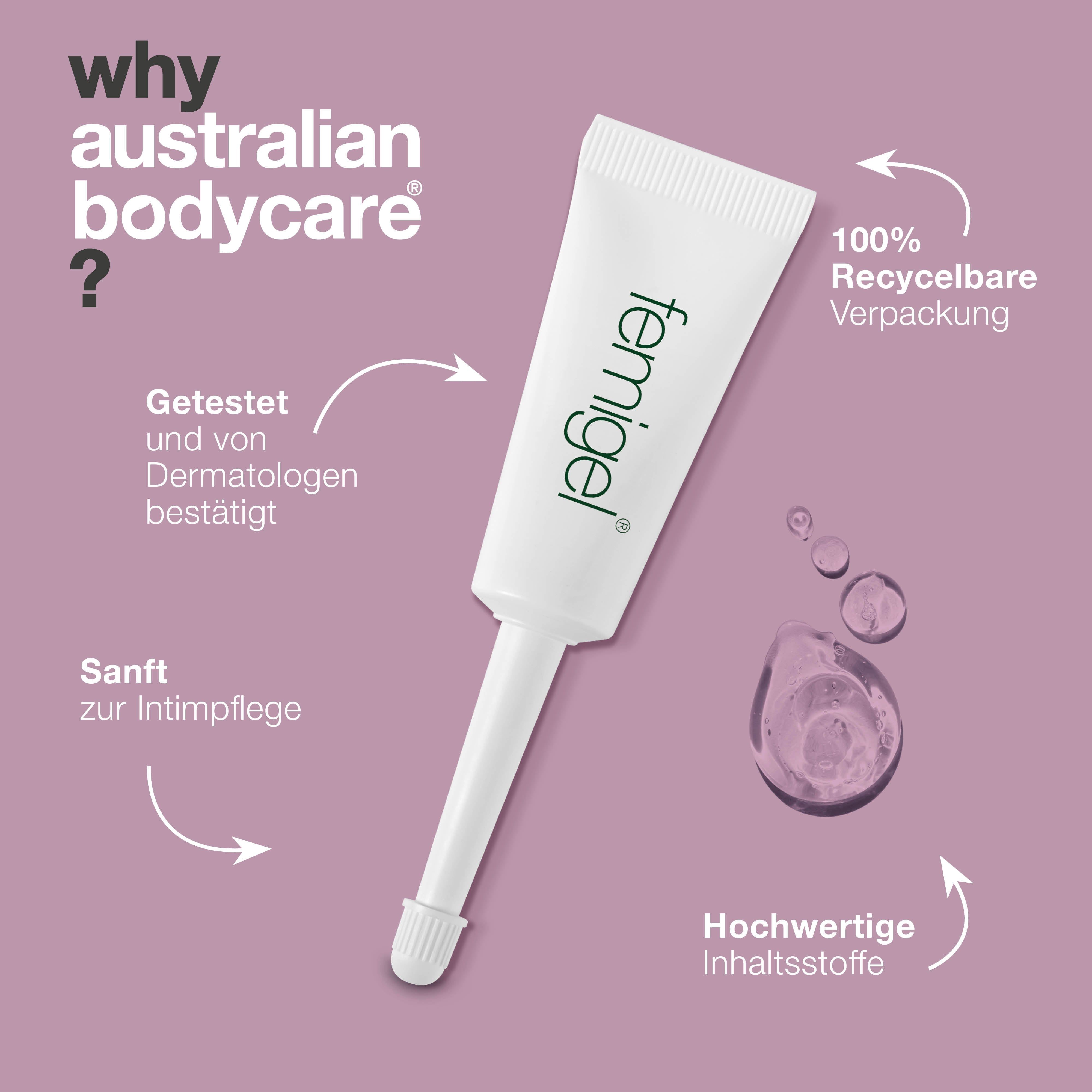 Femigel-Tube mit Applikator. Text: Femigel. Grafik: Tröpfchen. Text: Getestet und genehmigt, sanft, hochwertige Inhaltsstoffe.