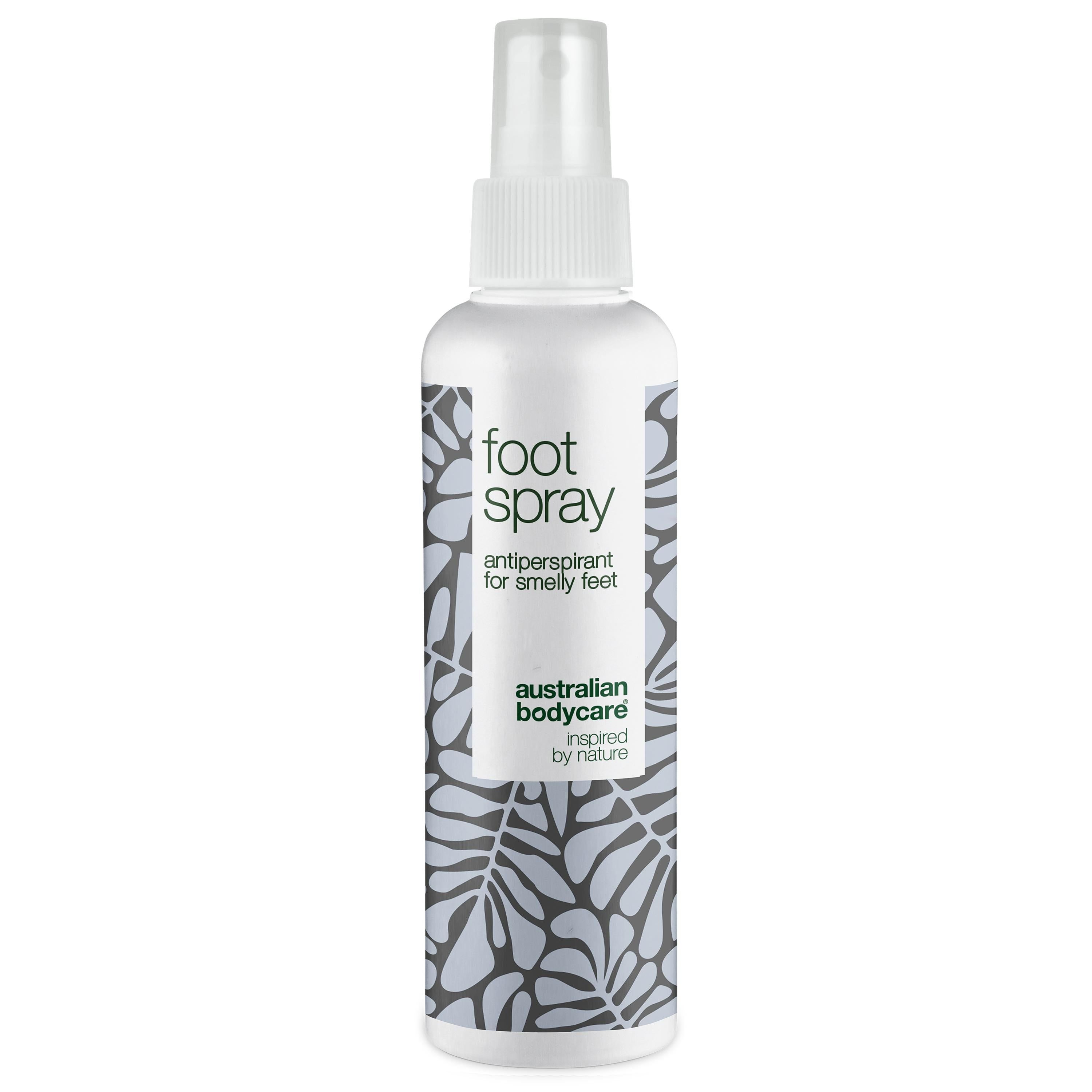 Flacon de spray pour les pieds blanc, motif floral. Texte : foot spray, antiperspirant for smelly feet, Australian Bodycare.