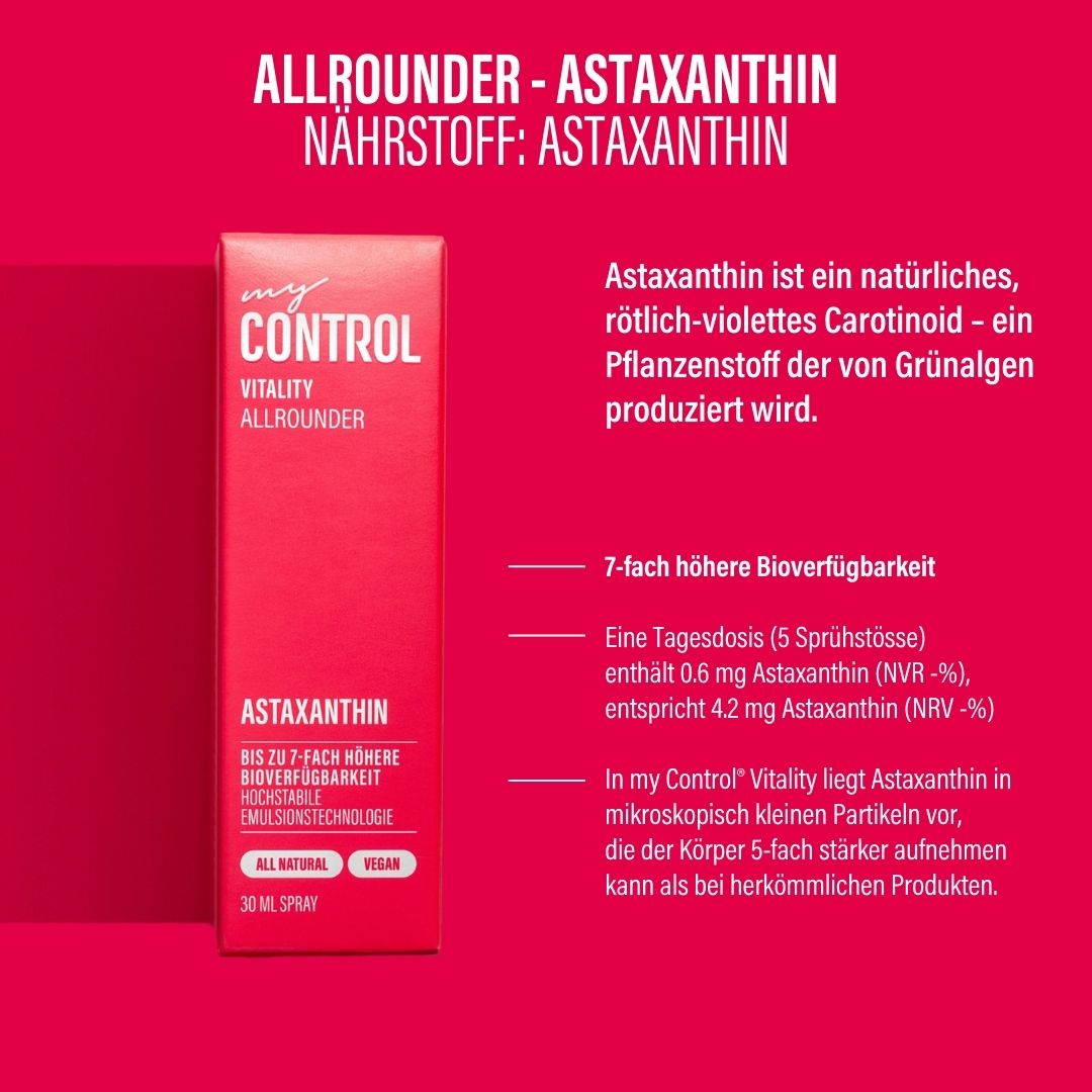 Rote Produktverpackung mit Text. Enthält Informationen zu Astaxanthin und my Control® Vitality Allrounder.