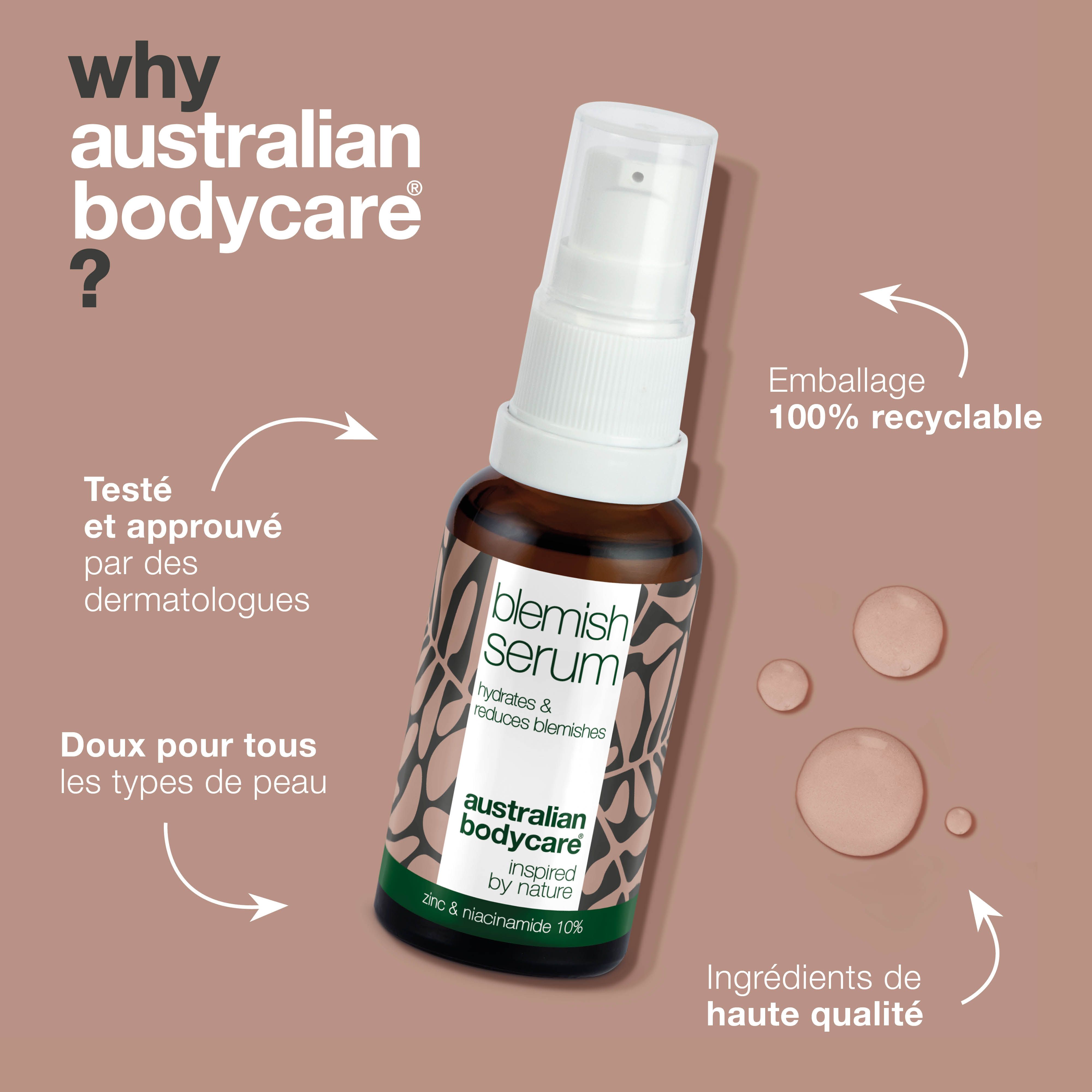 Flacon de Blemish Serum avec texte. Inscription : Blemish Serum, hydrate & réduit les imperfections. Marque : Australian Bodycare.