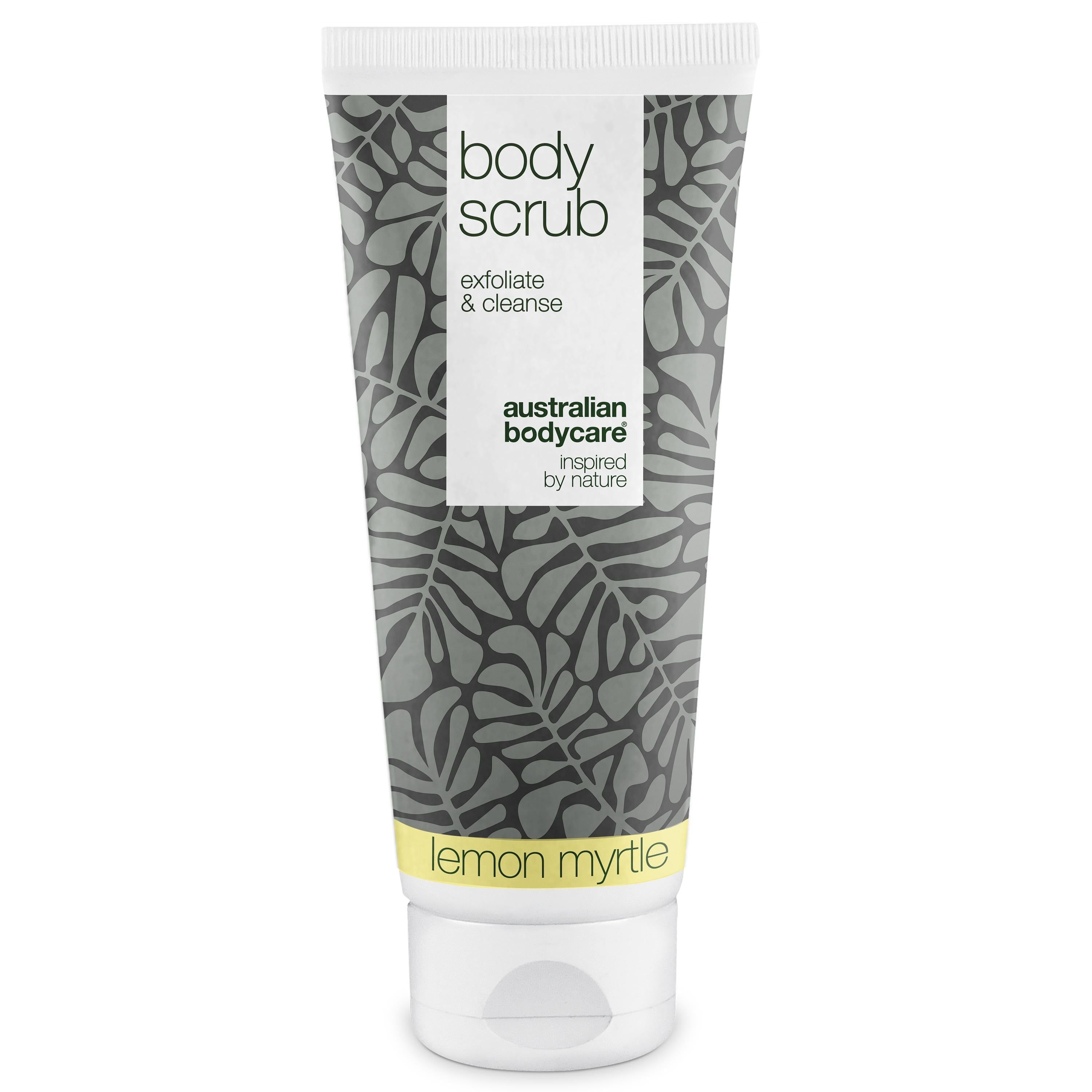 Tube de gommage corporel. Inscription : Body Scrub, Exfoliate & cleanse, Australian Bodycare, Lemon Myrtle.