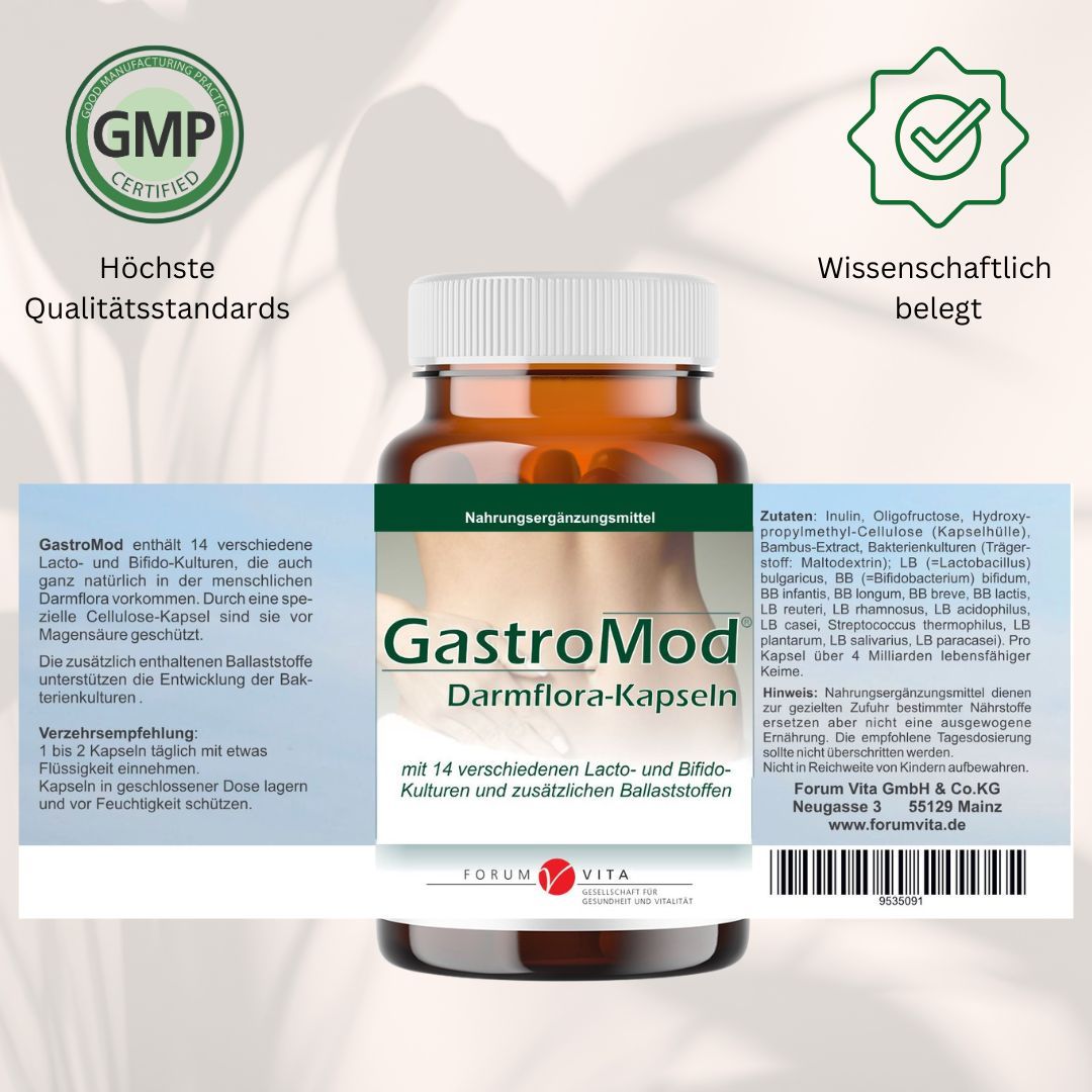 Braune Kapsel-Dose. Text: GastroMod Darmflora-Kapseln. GMP-Zertifizierung. Wissenschaftlich belegt. Zutatenliste. Verzehrempfehlung. Forum Vita Logo.