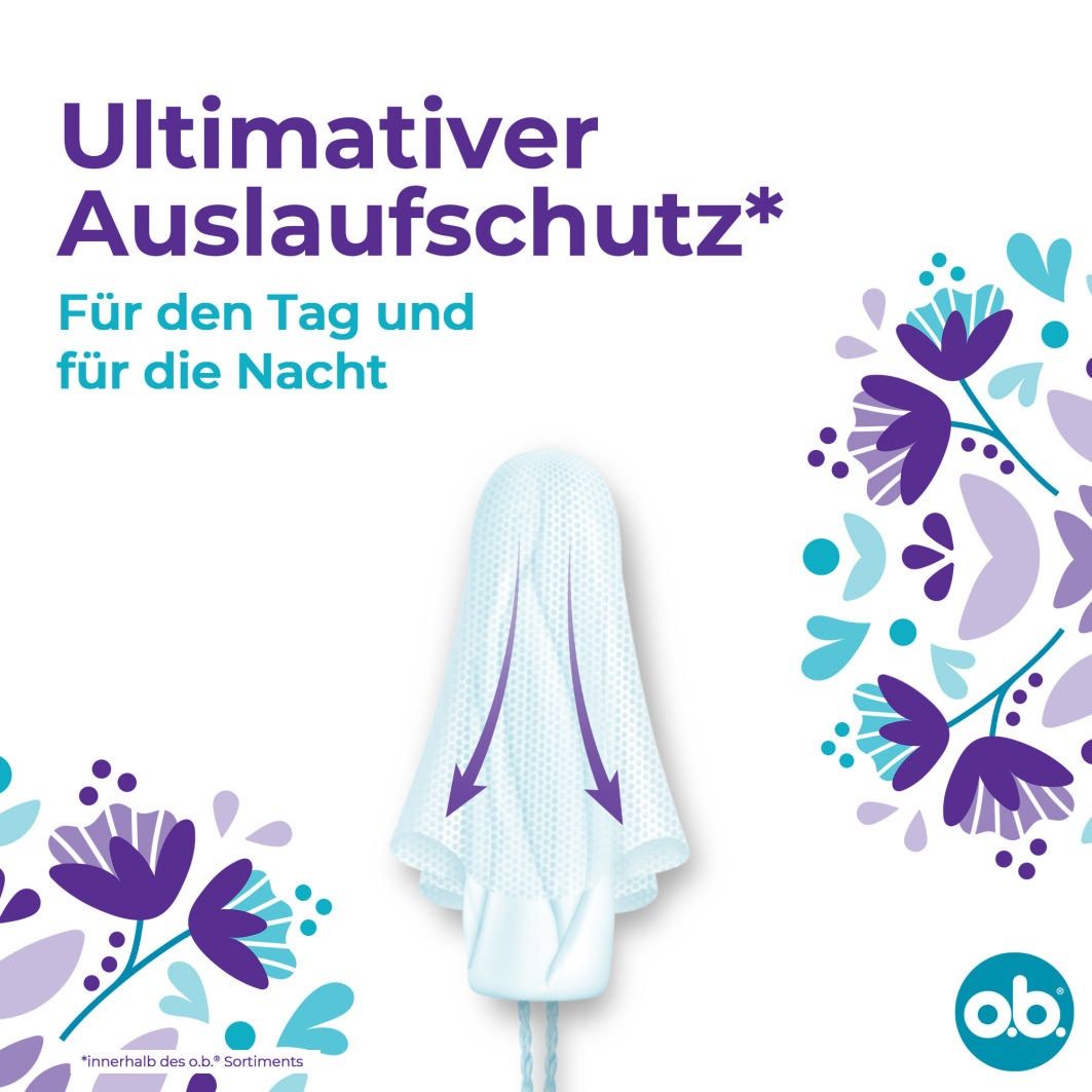 Tampon mit Schutzflügeln und Dynamic Fit Technologie. Text: Ultimativer Auslaufschutz. Für Tag und Nacht.