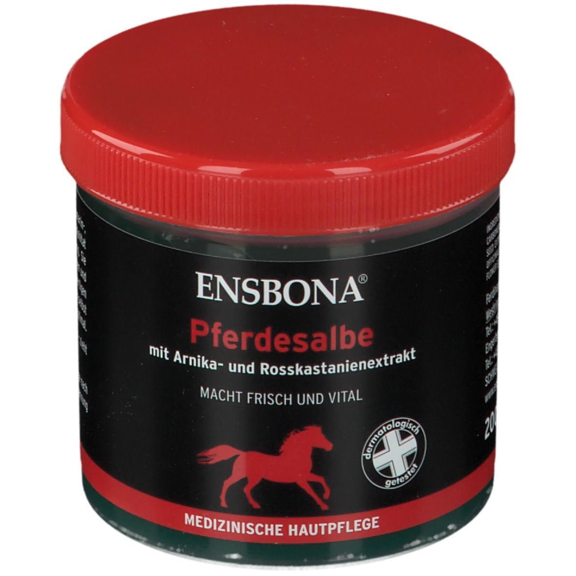 Pot de pommade pour chevaux Ensbona, couvercle rouge, étiquette noire. Logo cheval rouge. Texte: Soin médical de la peau, testé dermatologiquement.