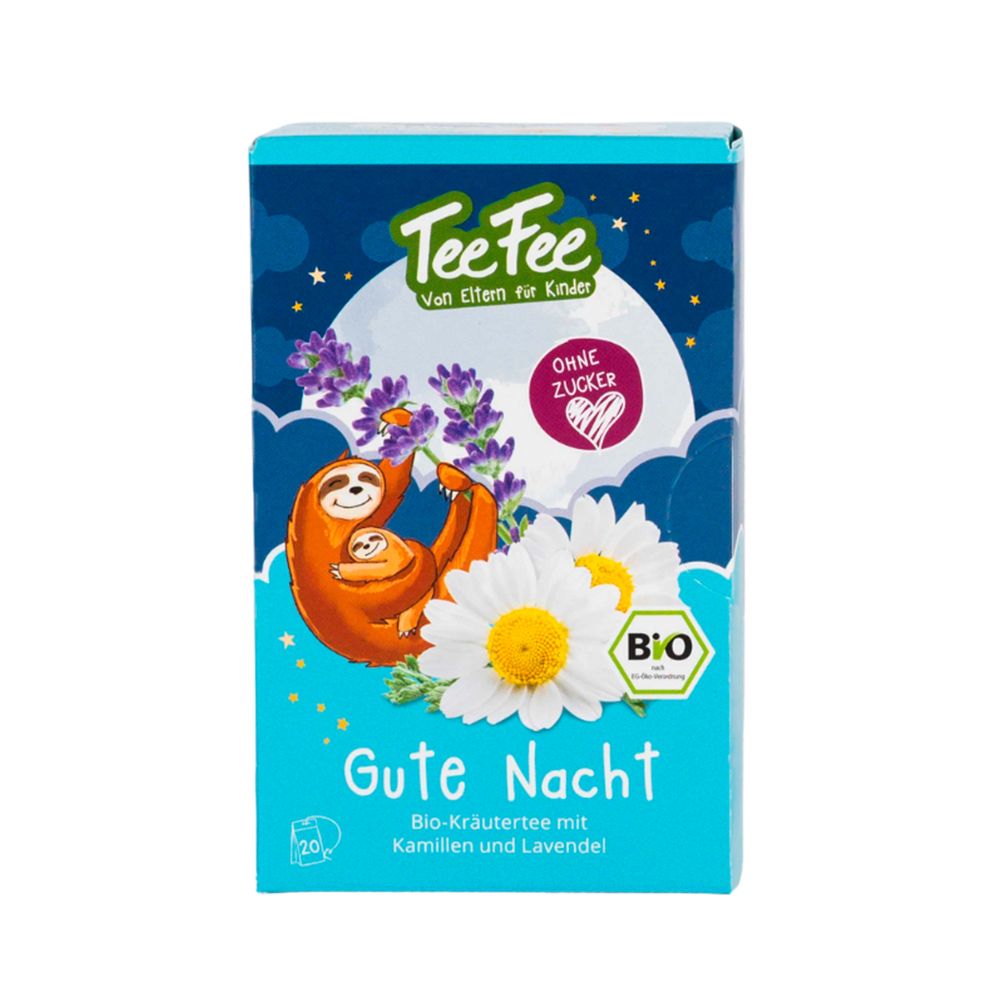 Boîte de thé TeeFee Gute Nacht Bio. Motif: paresseux avec camomille et lavande. Texte: Sans sucre, label bio.