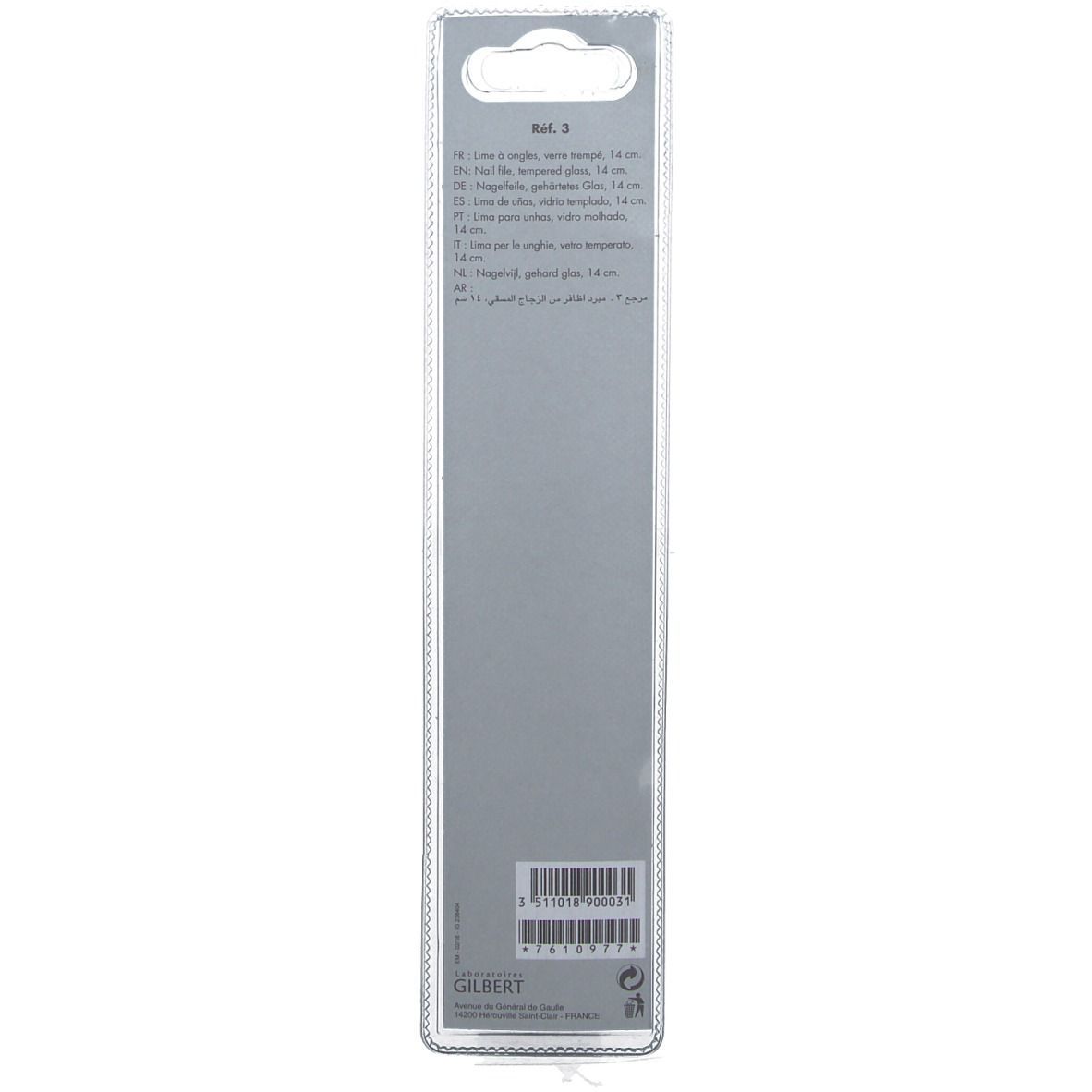 Verpackung einer Glasnagelfeile. Graue Karte mit Produktinformationen und Barcode. Marke GILBERT.